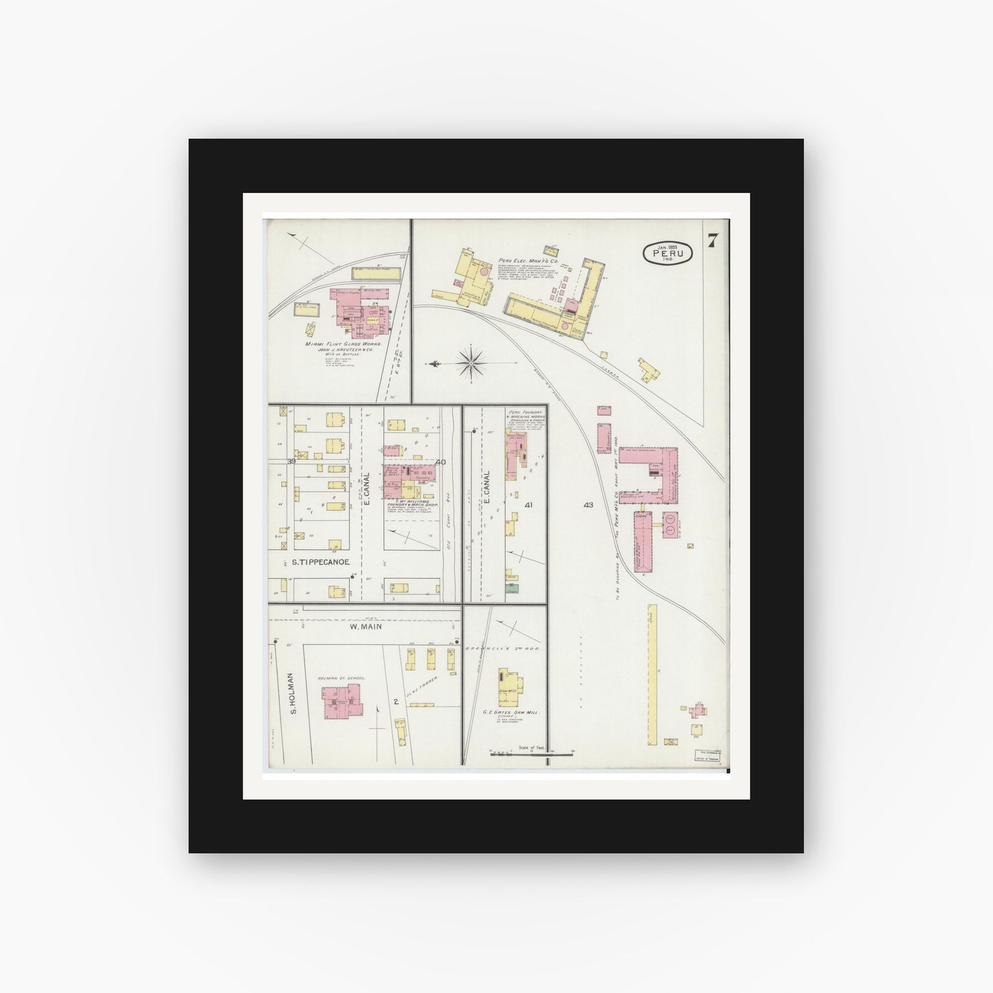 Old map wall art mockup — black gallery frame with white mat — Sanborn Fire Insurance Map from Peru, Miami County, Indiana (1893), Sheet #0007