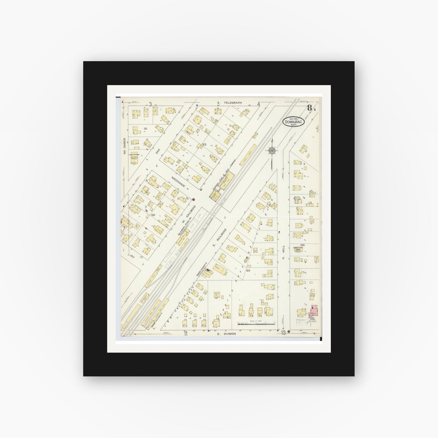 Old map wall art mockup — black gallery frame with white mat — Sanborn Fire Insurance Map from Dowagiac, Cass County, Michigan (1913), Sheet #0008