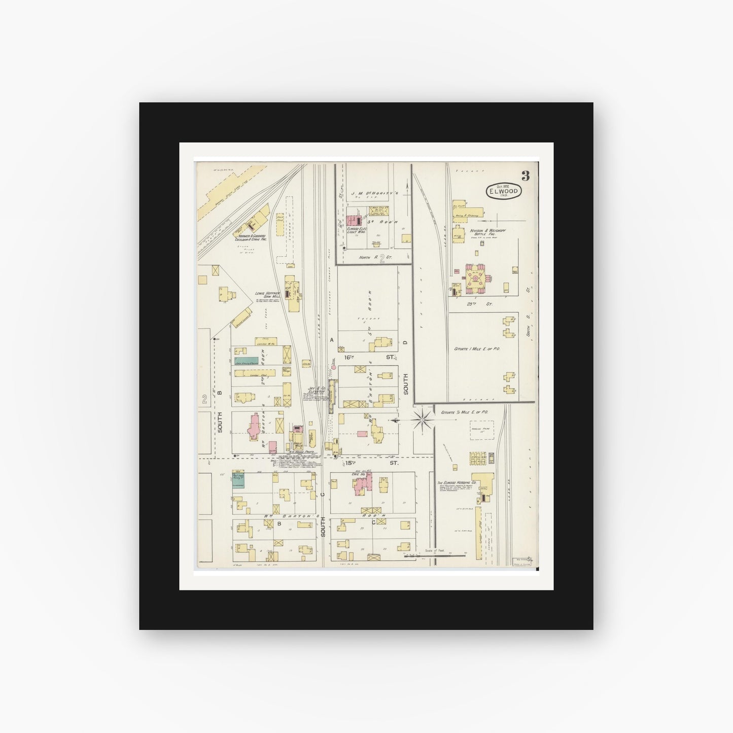 Old map wall art mockup — black gallery frame with white mat — Sanborn Fire Insurance Map from Elwood, Madison County, Indiana (1892), Sheet #0003