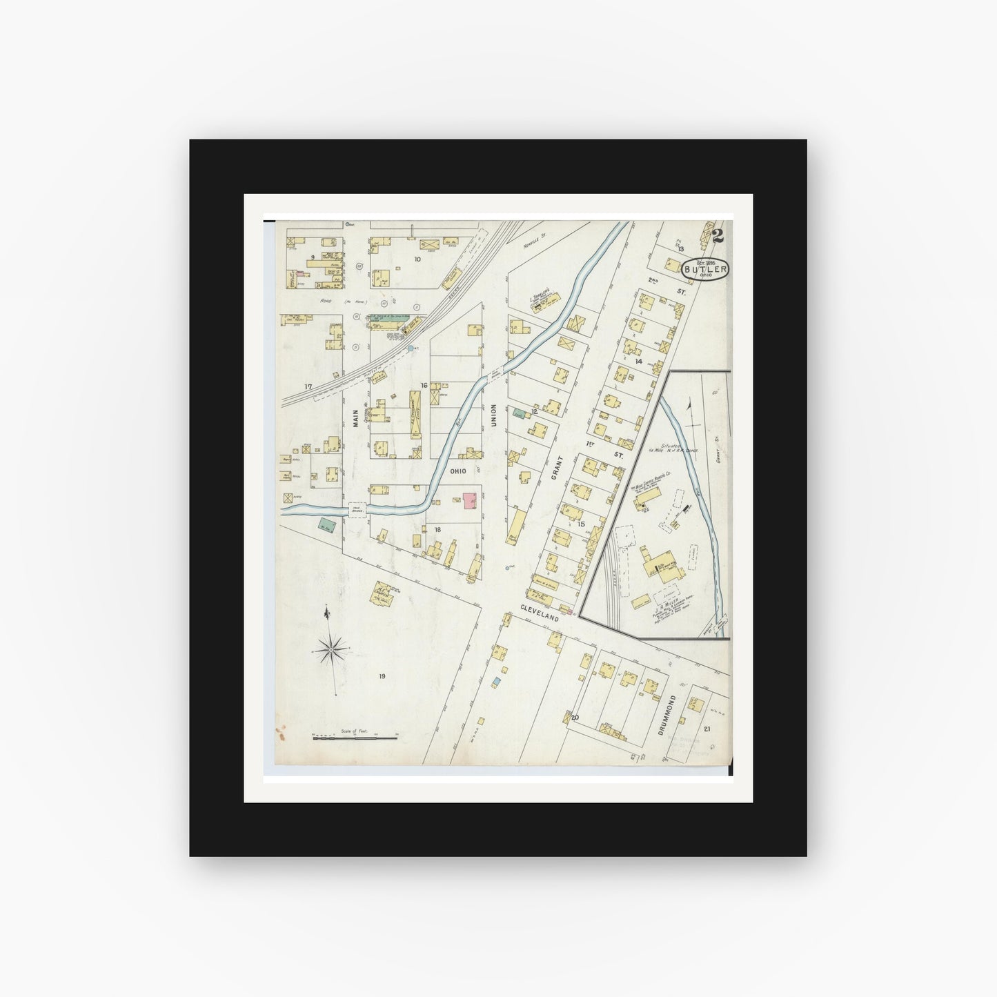 Old map wall art mockup — black gallery frame with white mat — Sanborn Fire Insurance Map from Butler, Richland County, Ohio (1885), Sheet #0002