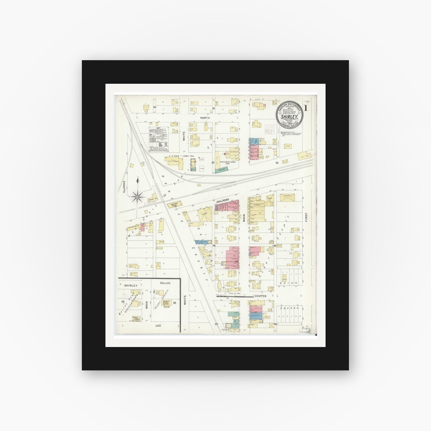 Old map wall art mockup — black gallery frame with white mat — Sanborn Fire Insurance Map from Shirley, Hancock And Henry Counties, Indiana (1908) - Complete Map Set