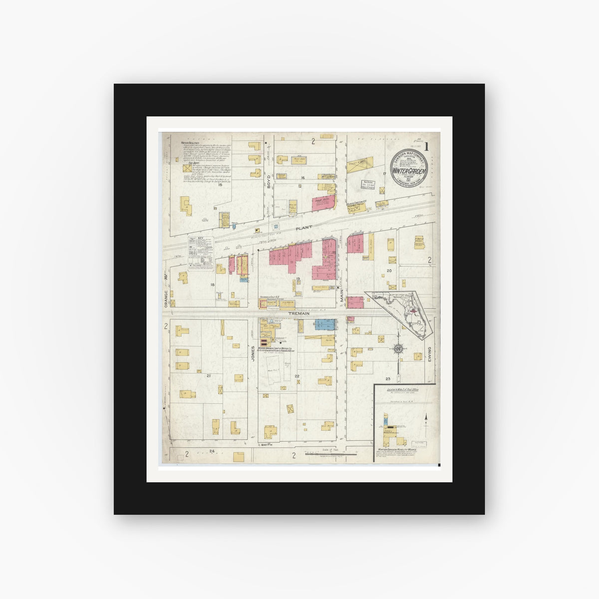 Old map wall art mockup — black gallery frame with white mat — Sanborn Fire Insurance Map from Winter Garden, Orange County, Florida (1917), Sheet #0001