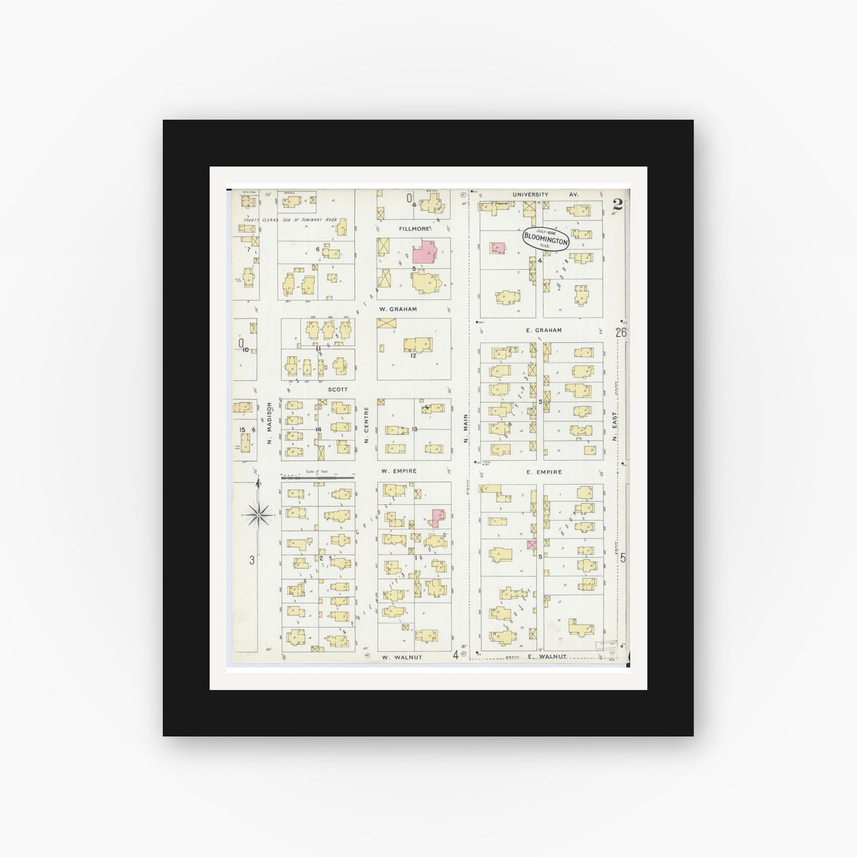 Old map wall art mockup — black gallery frame with white mat — Sanborn Fire Insurance Map from Bloomington, McLean County, Illinois (1896), Sheet #0002