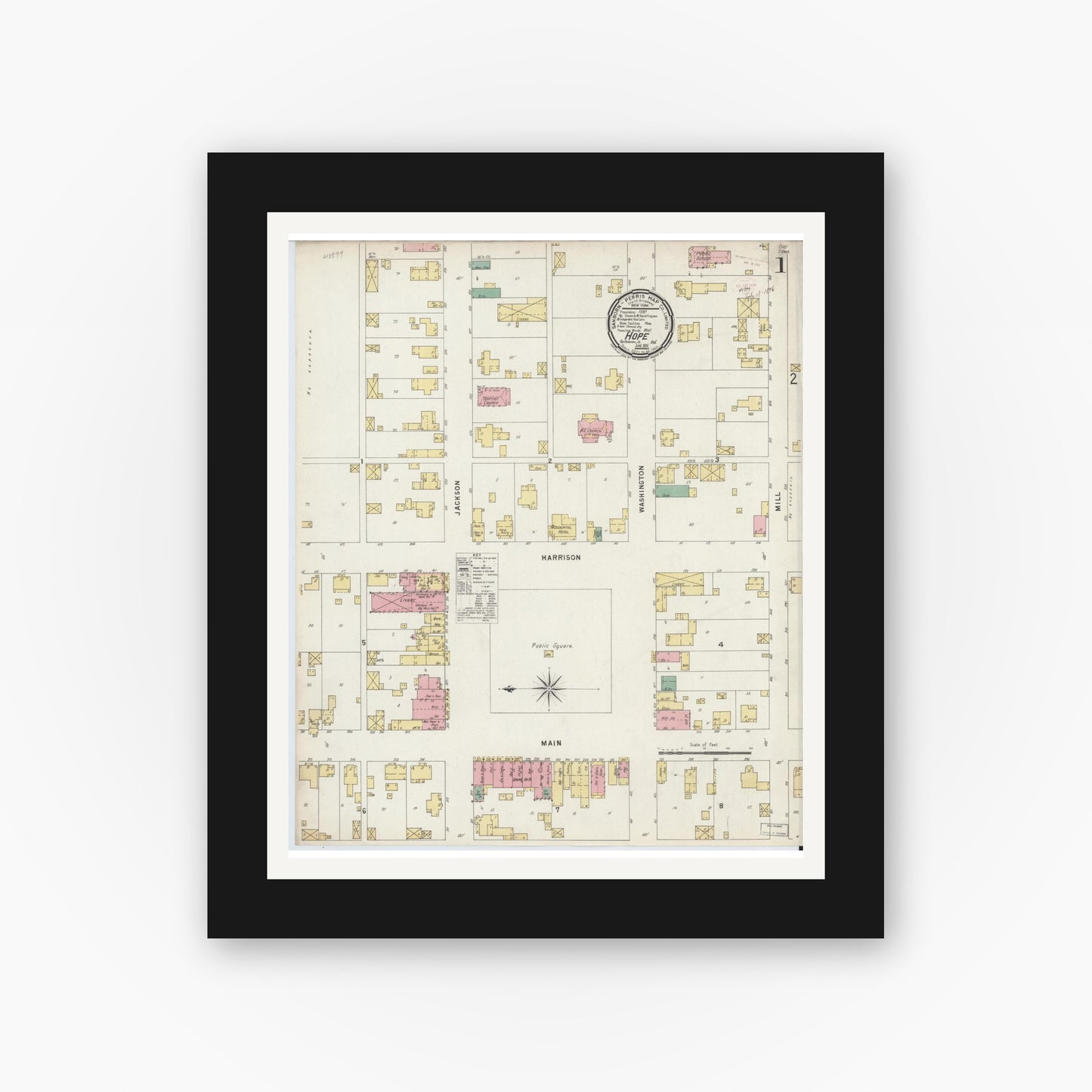 Old map wall art mockup — black gallery frame with white mat — Sanborn Fire Insurance Map from Hope, Bartholomew County, Indiana (1896) - Complete Map Set