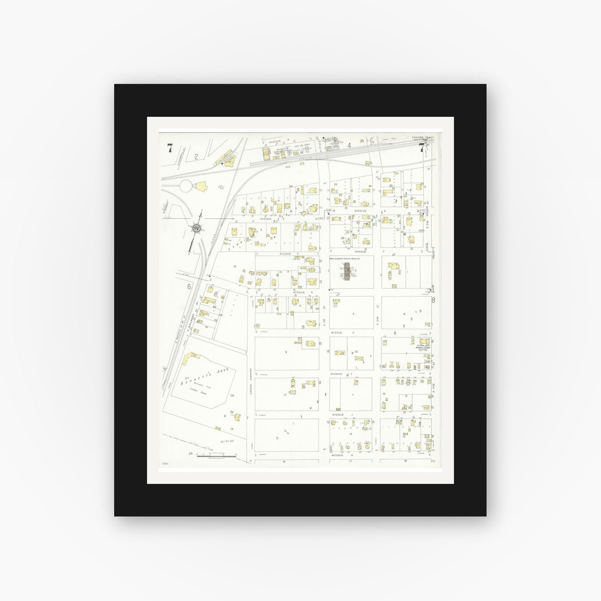 Old map wall art mockup — black gallery frame with white mat — Sanborn Fire Insurance Map from Conroe, Montgomery County, Texas (1938), Sheet #0007