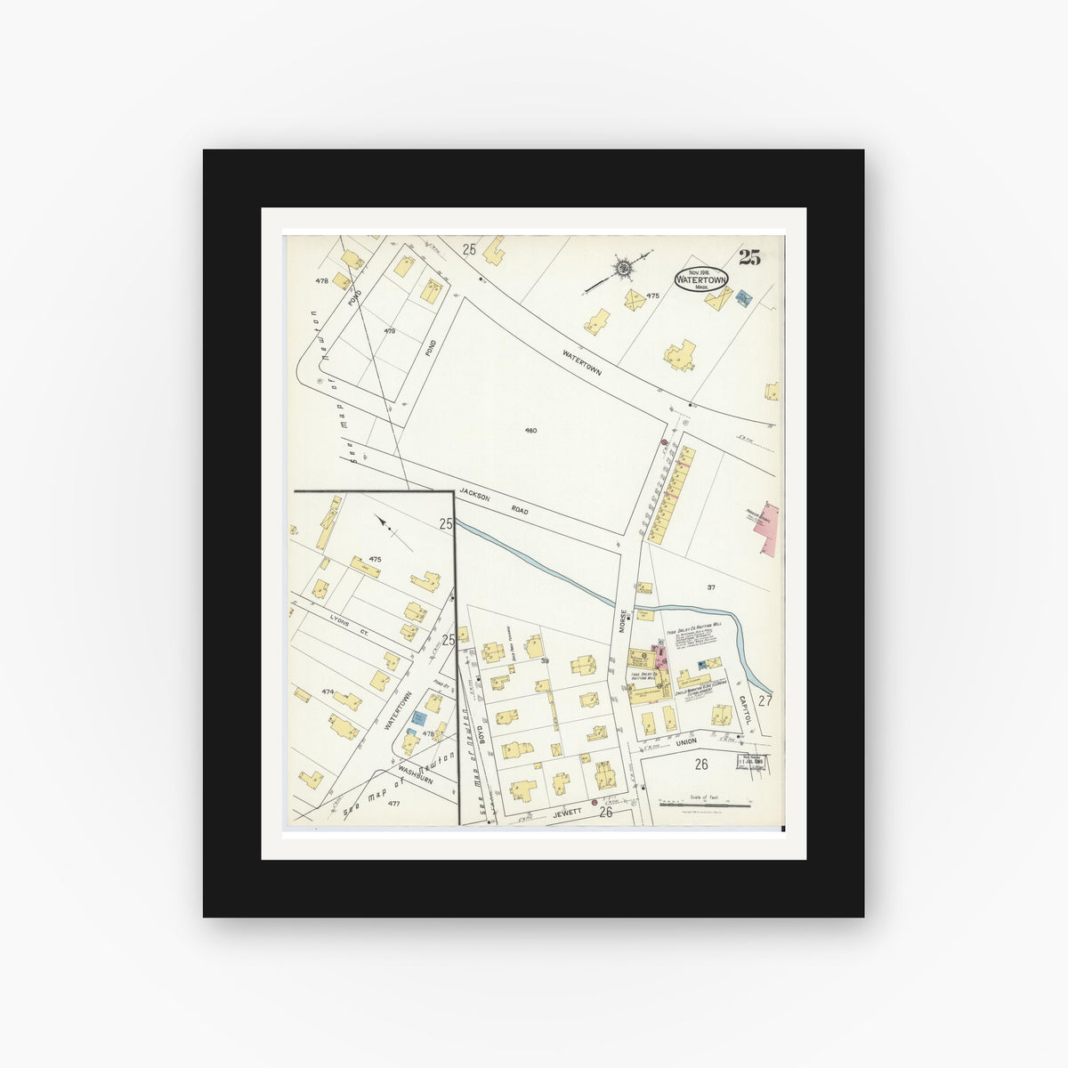 Old map wall art mockup — black gallery frame with white mat — Sanborn Fire Insurance Map from Watertown, Middlesex County, Massachusetts (1916), Sheet #0025