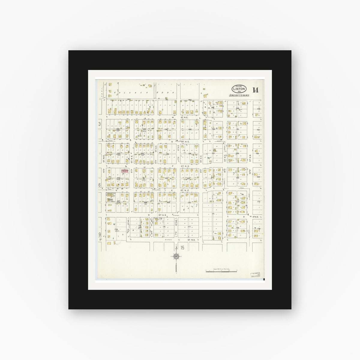 Old map wall art mockup — black gallery frame with white mat — Sanborn Fire Insurance Map from Linton, Greene County, Indiana (1915), Sheet #0014