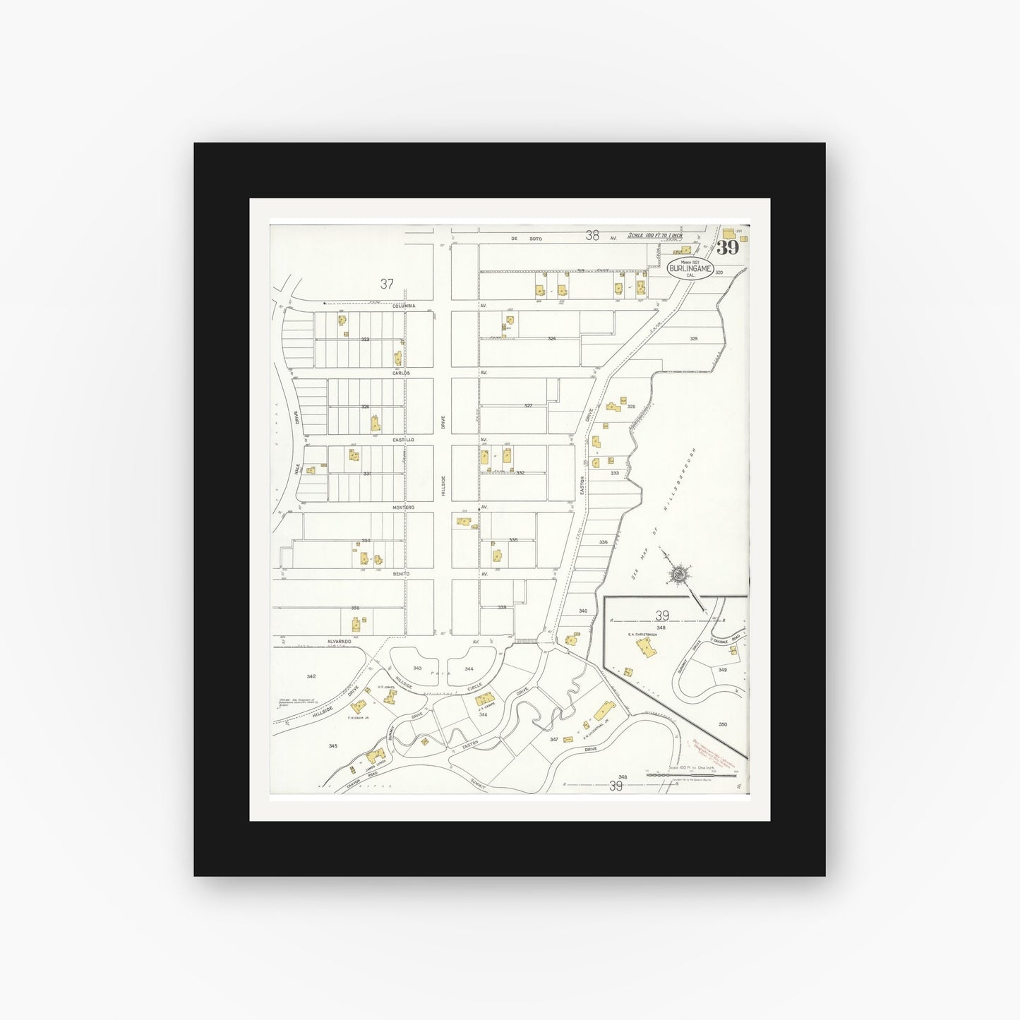 Old map wall art mockup — black gallery frame with white mat — Sanborn Fire Insurance Map from Burlingame, San Mateo County, California (1921), Sheet #0039