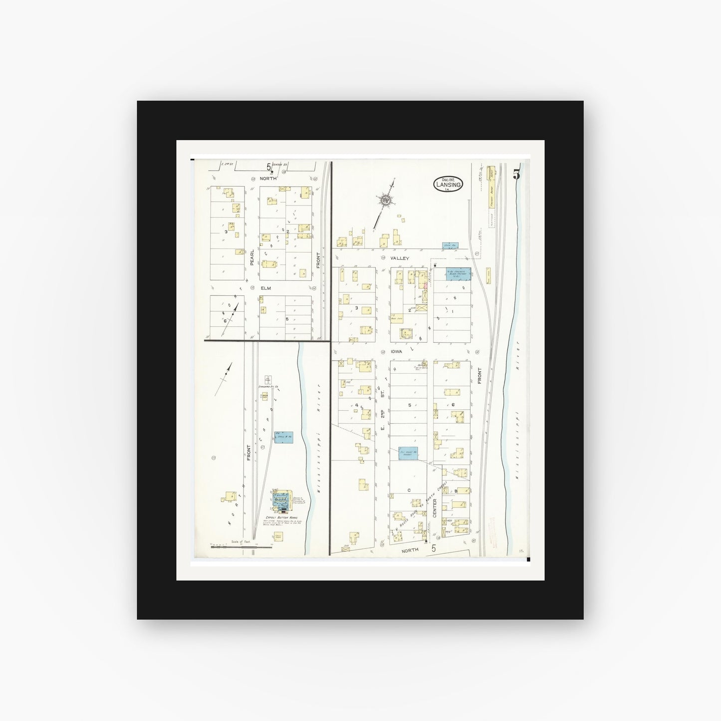 Old map wall art mockup — black gallery frame with white mat — Sanborn Fire Insurance Map from Lansing, Allamakee County, Iowa (1912), Sheet #0005