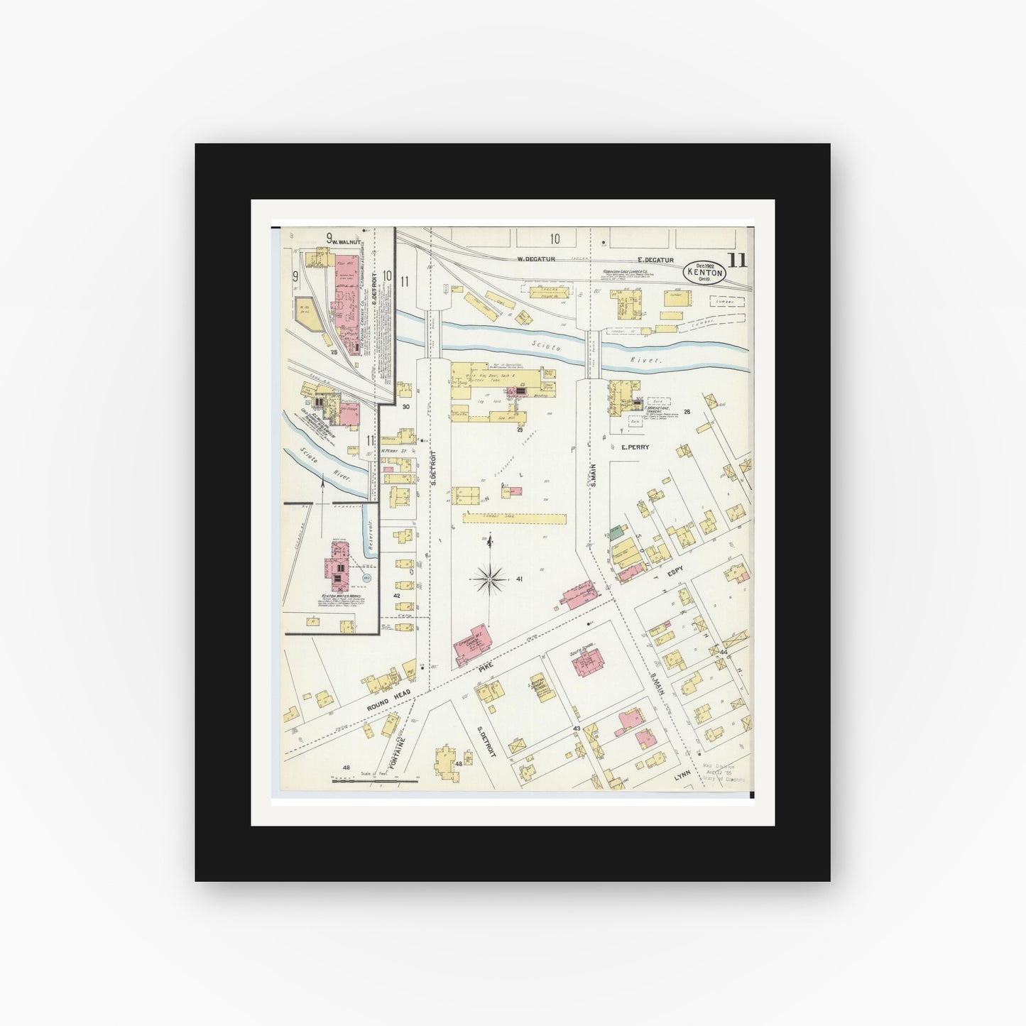 Old map wall art mockup — black gallery frame with white mat — Sanborn Fire Insurance Map from Kenton, Hardin County, Ohio (1902), Sheet #0011