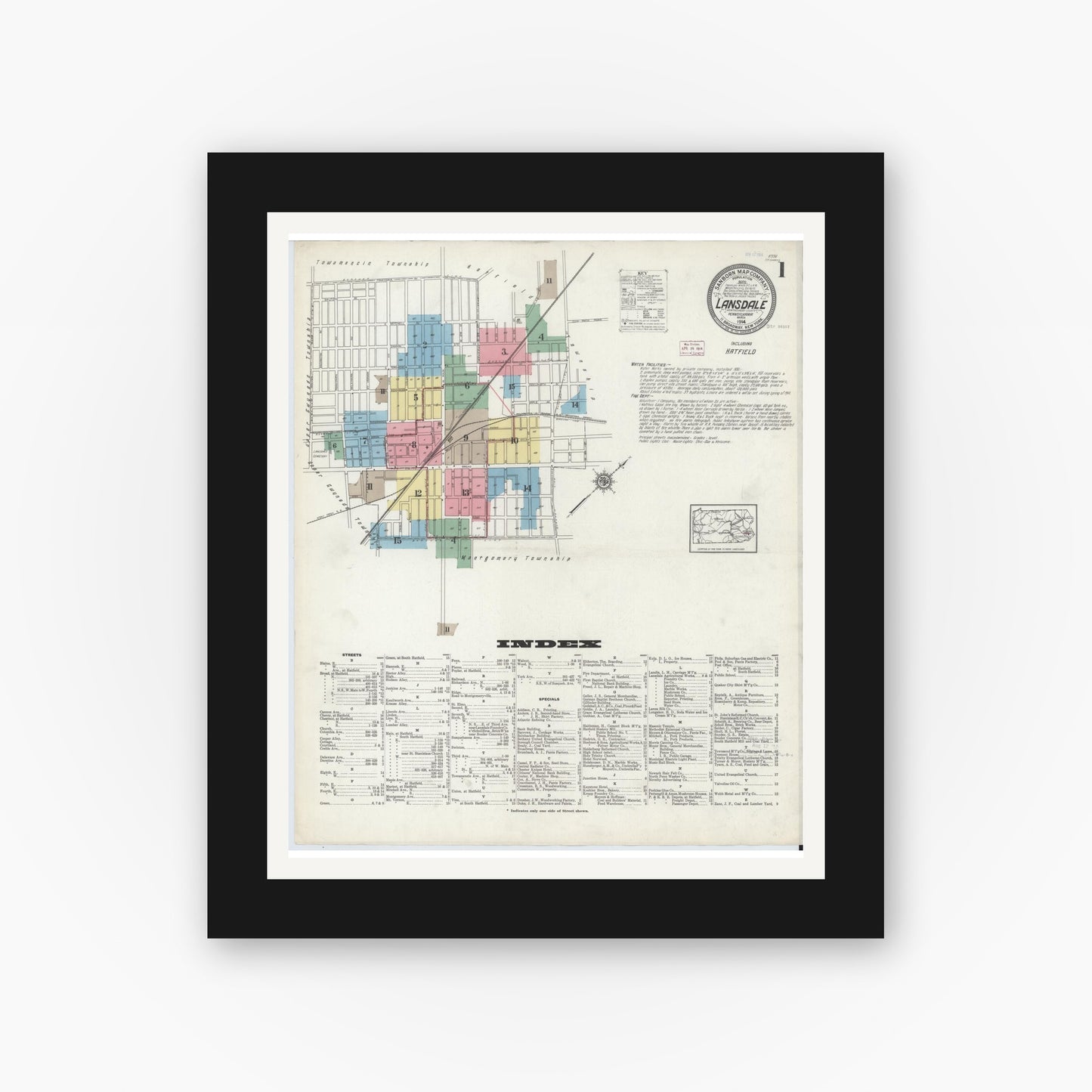 Old map wall art mockup — black gallery frame with white mat — Sanborn Fire Insurance Map from Lansdale, Montgomery County, Pennsylvania (1914) - Complete Map Set