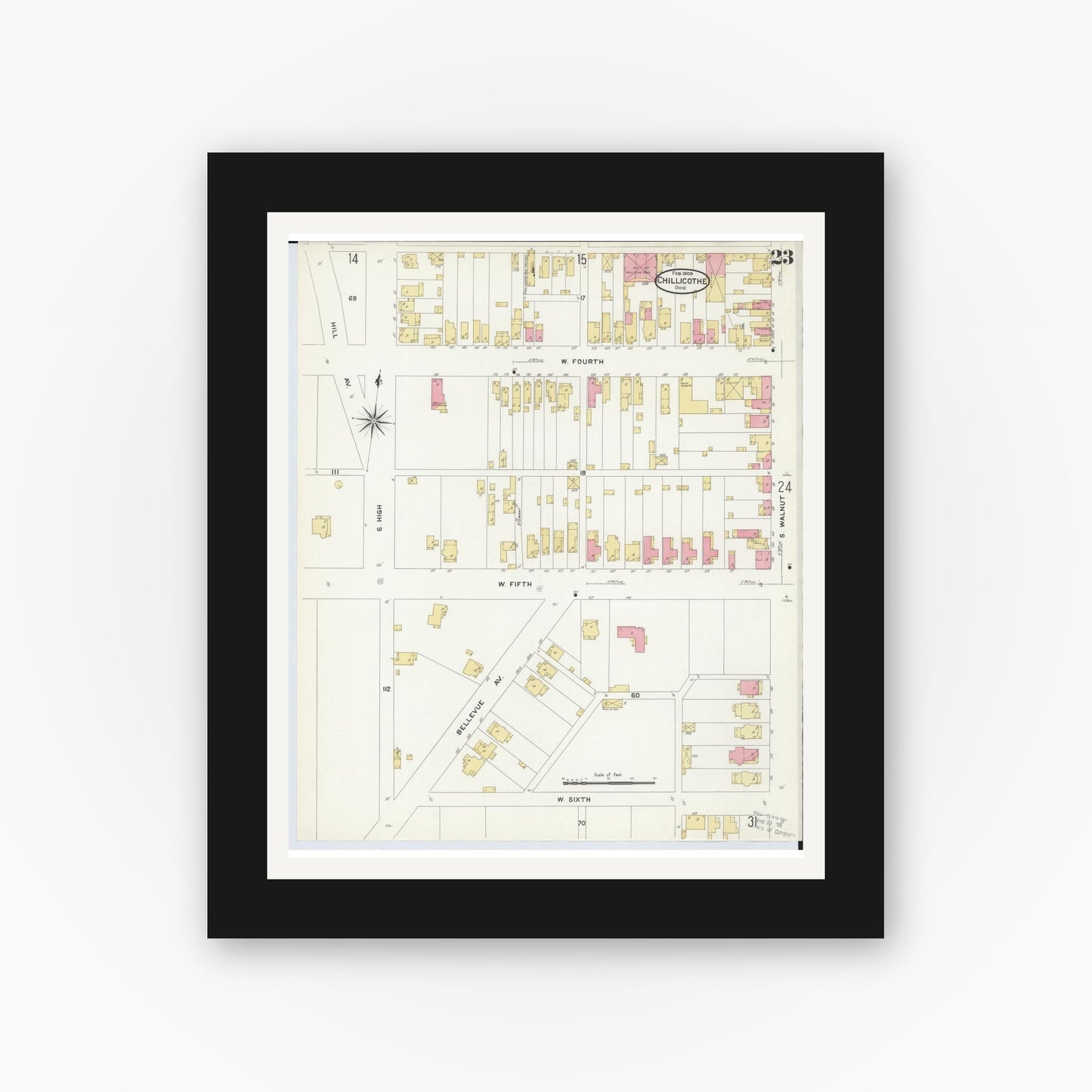 Old map wall art mockup — black gallery frame with white mat — Sanborn Fire Insurance Map from Chillicothe, Ross County, Ohio (1909), Sheet #0023