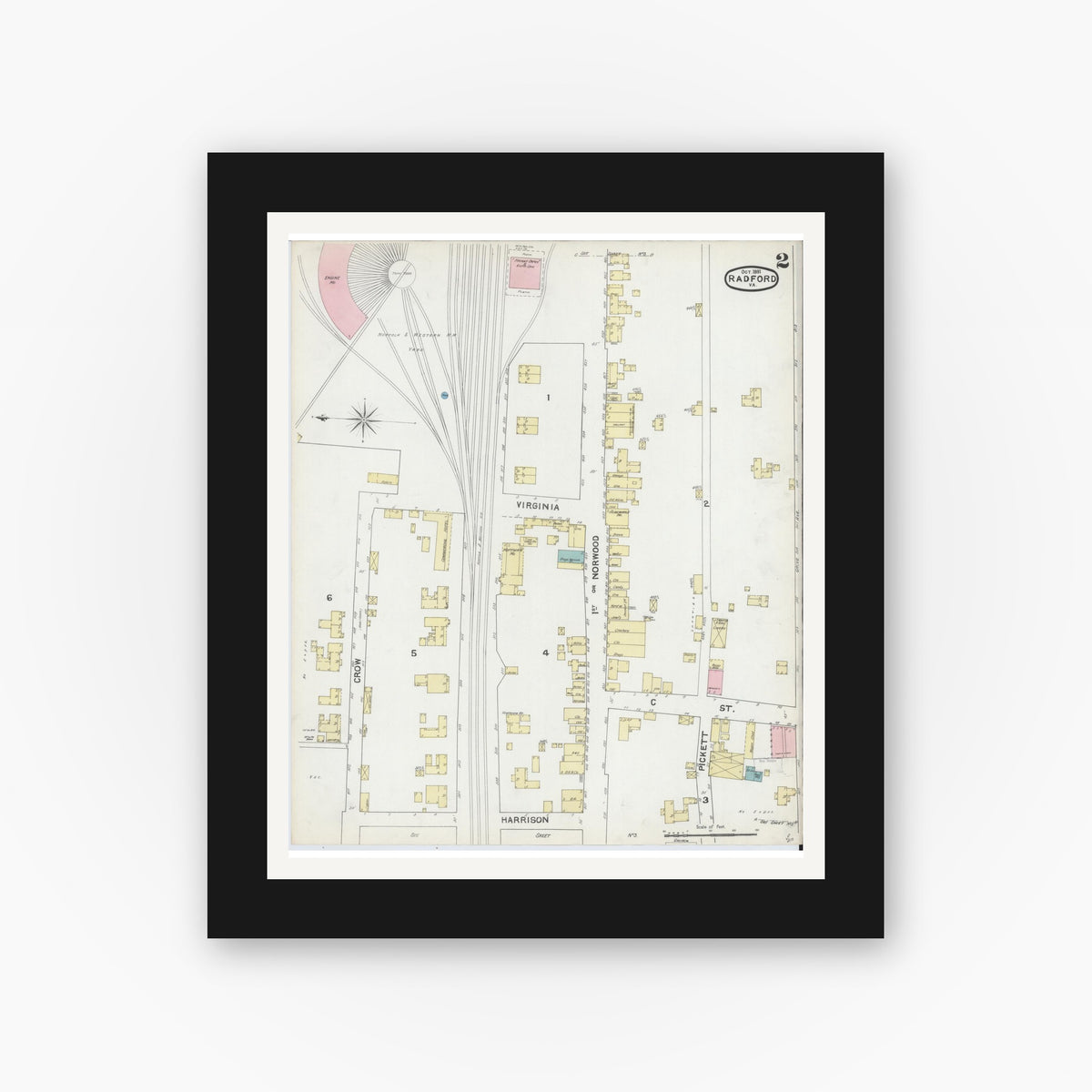 Old map wall art mockup — black gallery frame with white mat — Sanborn Fire Insurance Map from Radford, Independent Cities, Virginia (1891), Sheet #0002