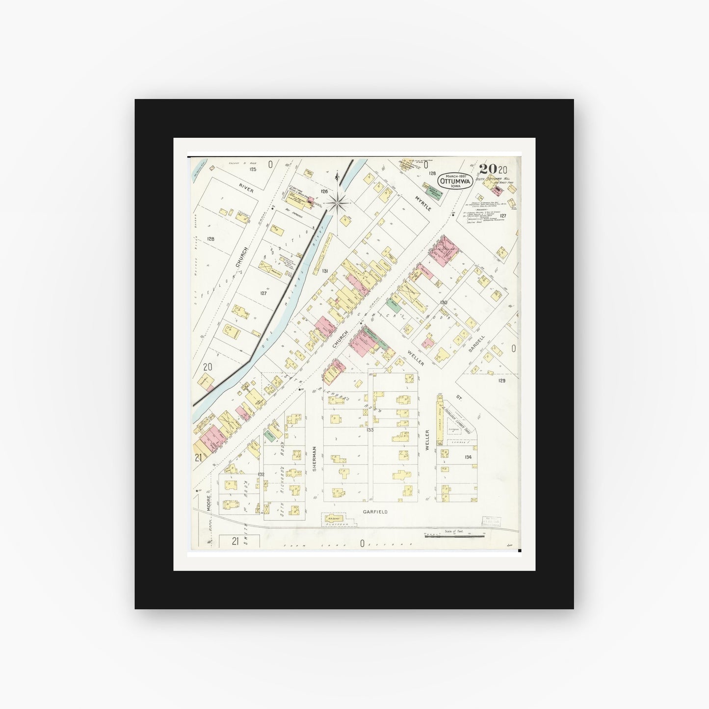 Old map wall art mockup β black gallery frame with white mat β Sanborn Fire Insurance Map from Ottumwa, Wapello County, Iowa (1897), Sheet #0020
