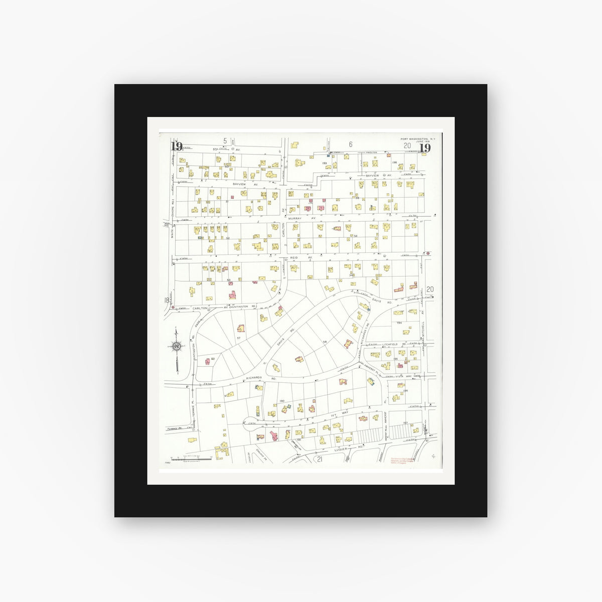 Old map wall art mockup — black gallery frame with white mat — Sanborn Fire Insurance Map from Port Washington, Nassau County, New York (1931), Sheet #0019