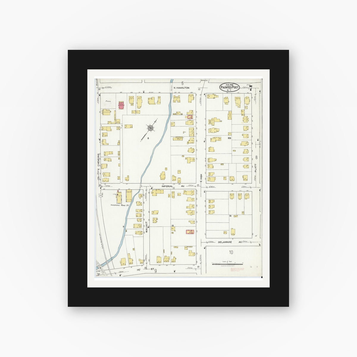 Old map wall art mockup — black gallery frame with white mat — Sanborn Fire Insurance Map from Painted Post, Steuben County, New York (1921), Sheet #0007