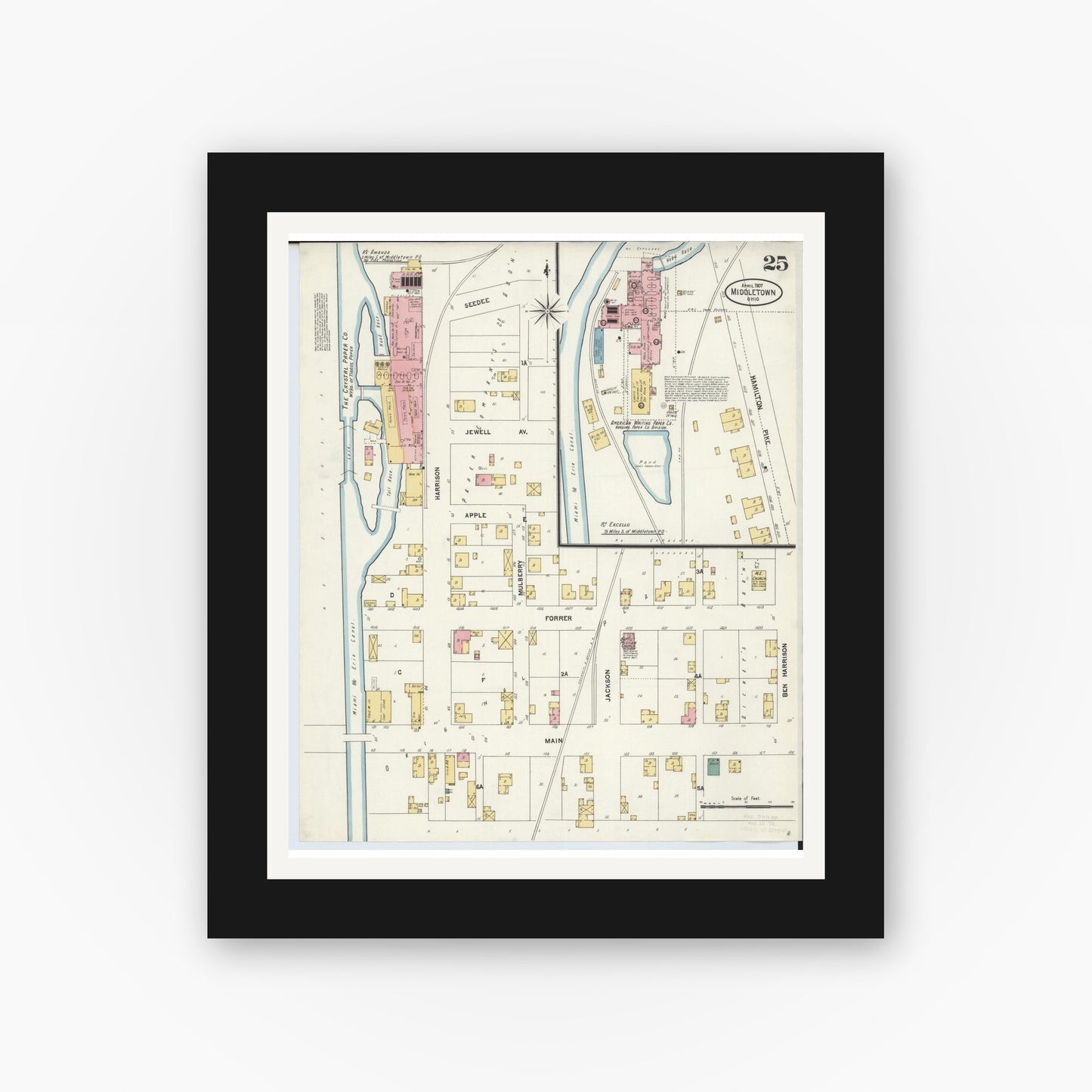 Old map wall art mockup — black gallery frame with white mat — Sanborn Fire Insurance Map from Middletown, Butler County, Ohio (1907), Sheet #0025