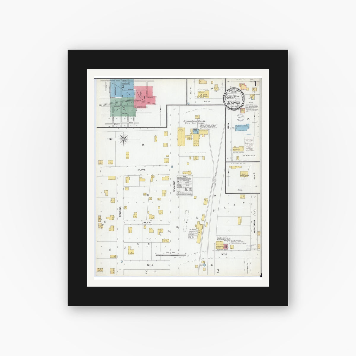 Old map wall art mockup — black gallery frame with white mat — Sanborn Fire Insurance Map from Seymour, Outagamie County, Wisconsin (1900) - Complete Map Set
