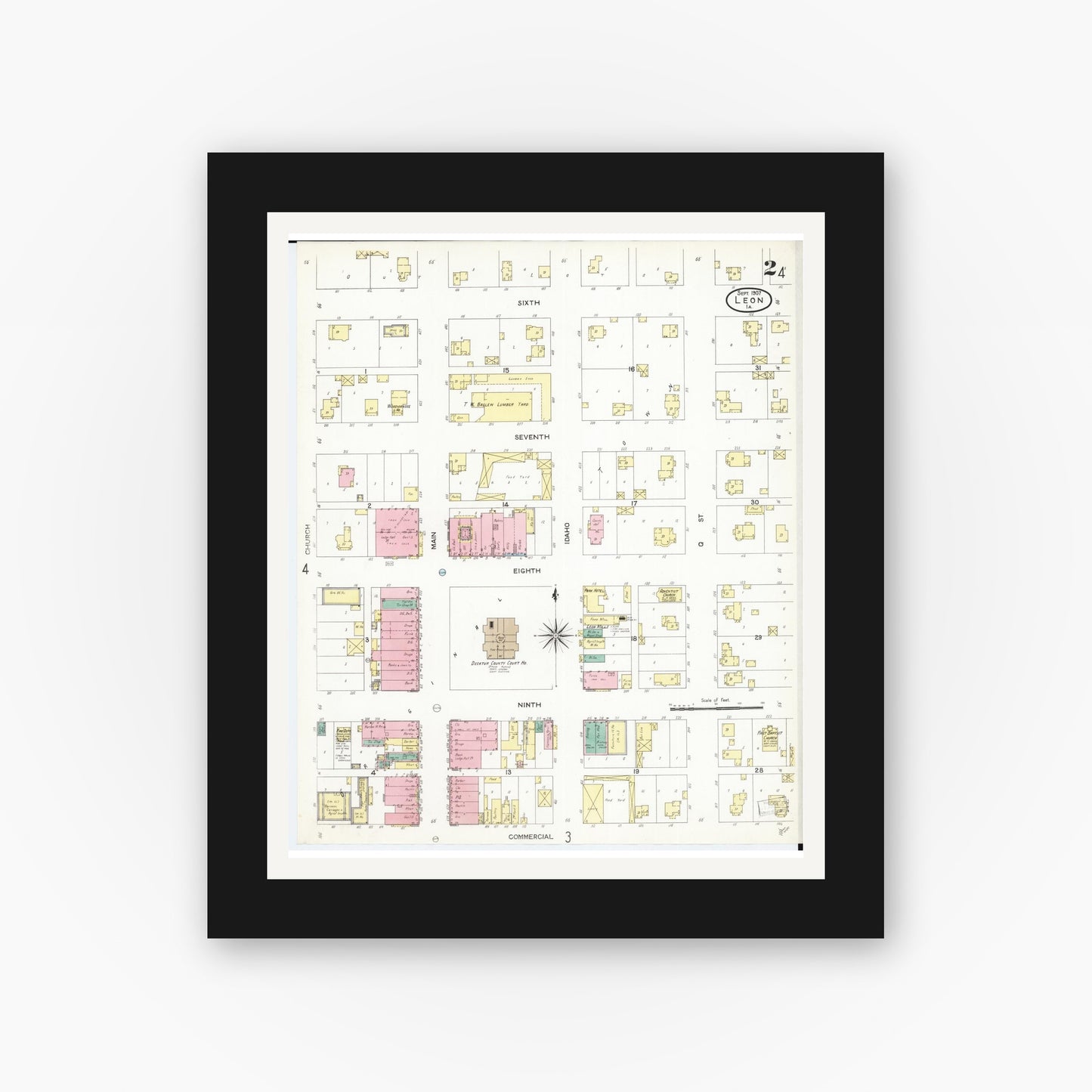Old map wall art mockup — black gallery frame with white mat — Sanborn Fire Insurance Map from Leon, Decatur County, Iowa (1907), Sheet #0002