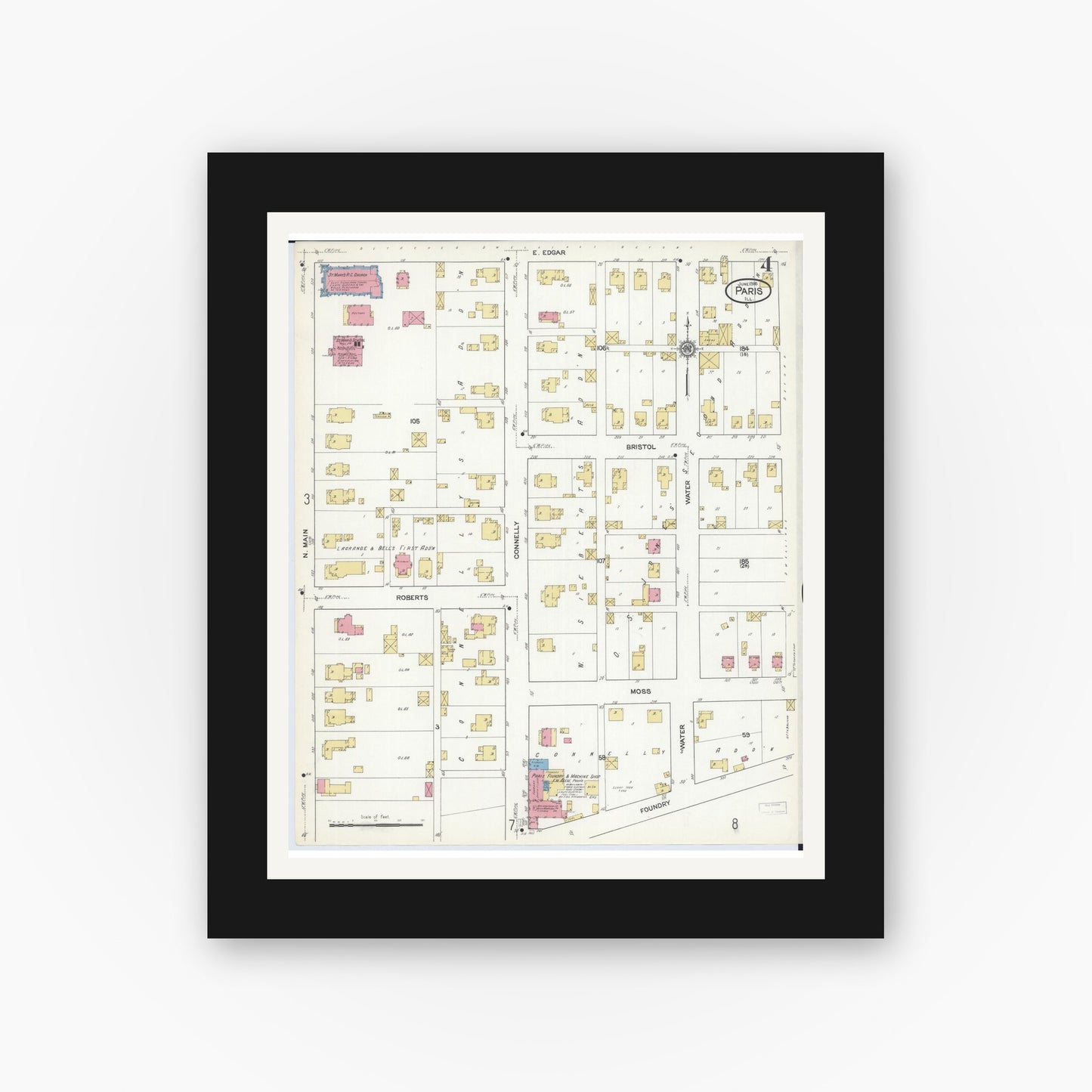 Old map wall art mockup — black gallery frame with white mat — Sanborn Fire Insurance Map from Paris, Edgar County, Illinois (1916), Sheet #0004