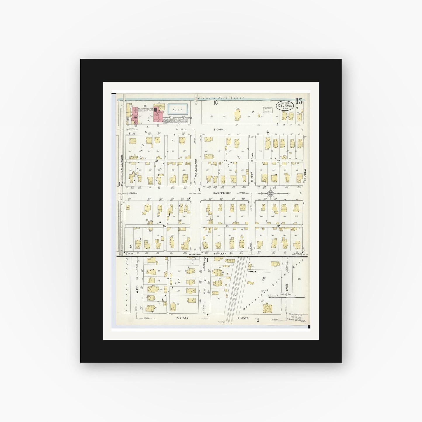 Old map wall art mockup — black gallery frame with white mat — Sanborn Fire Insurance Map from Delphos, Van Wert And Allen Counties, Ohio (1911), Sheet #0015