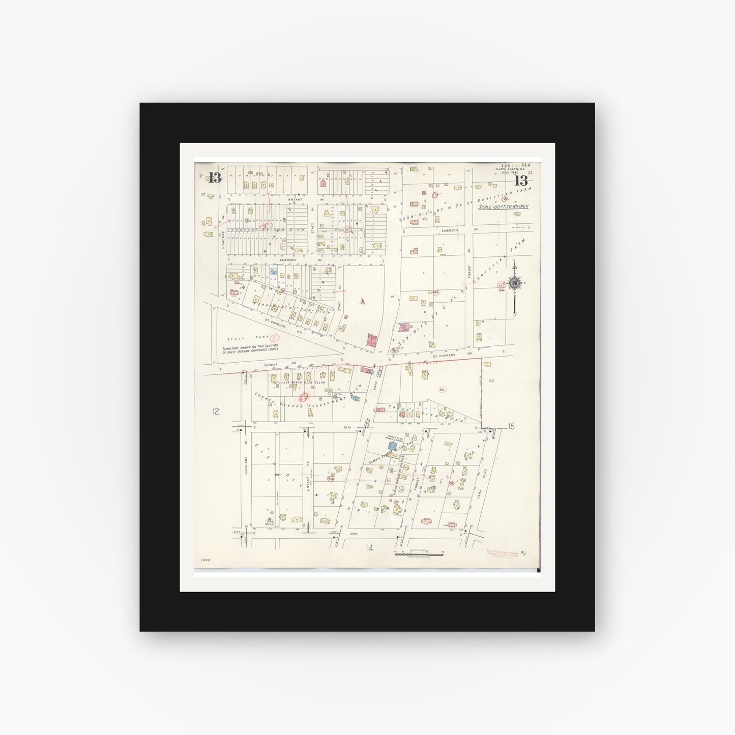 Old map wall art mockup — black gallery frame with white mat — Sanborn Fire Insurance Map from Glen Ellyn, Du Page County, Illinois (1946), Sheet #0013