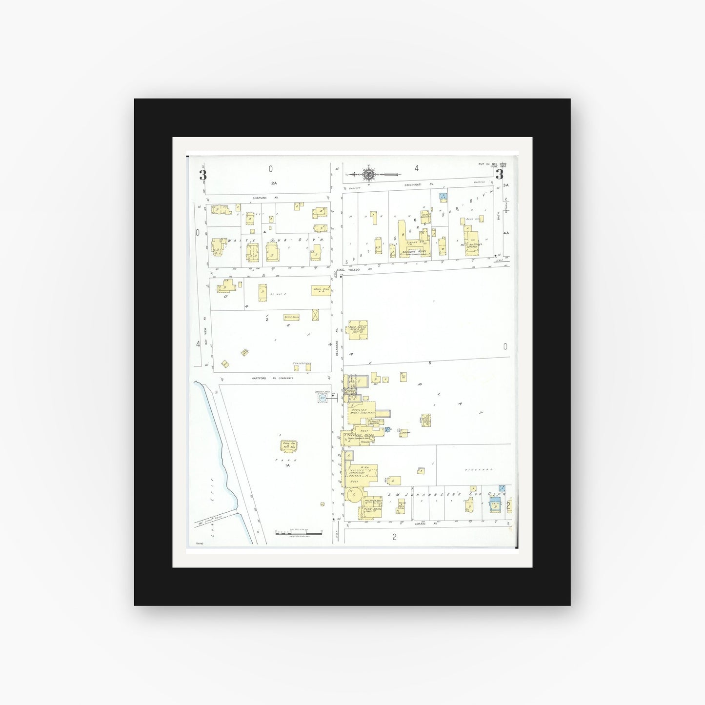 Old map wall art mockup — black gallery frame with white mat — Sanborn Fire Insurance Map from Put-in-bay, Ottawa County, Ohio (1950), Sheet #0003