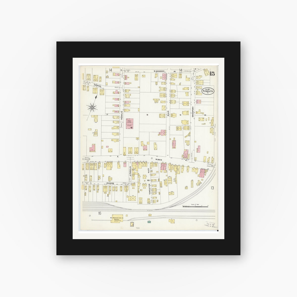 Old map wall art mockup — black gallery frame with white mat — Sanborn Fire Insurance Map from Plymouth, Luzerne County, Pennsylvania (1907), Sheet #0015