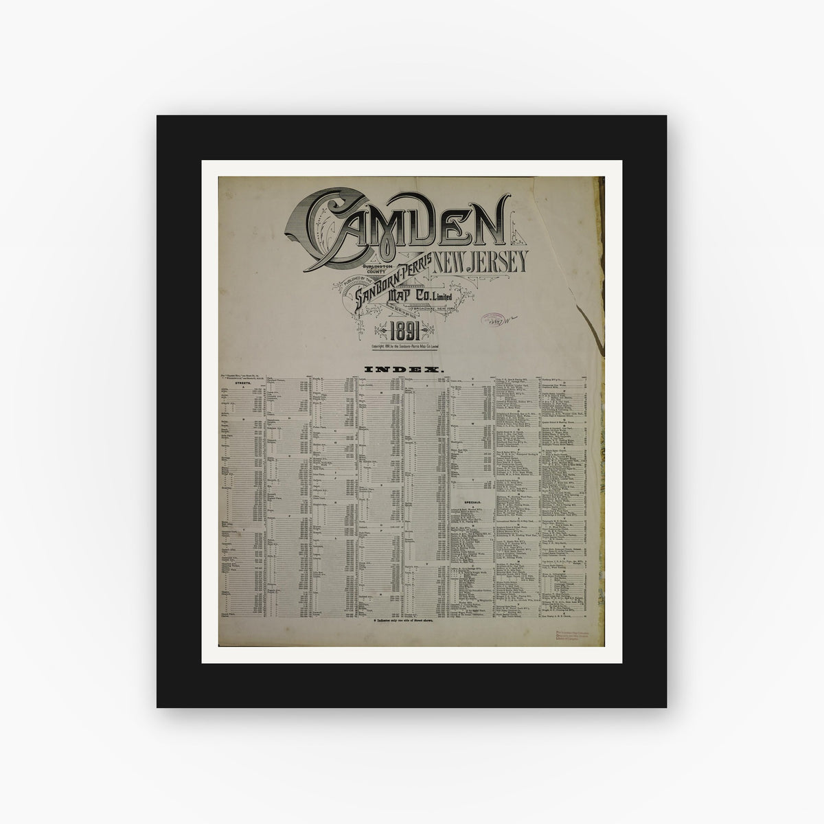 Old map wall art mockup — black gallery frame with white mat — Sanborn Fire Insurance Map from Camden, Camden County, New Jersey (1891), Sheet #0001