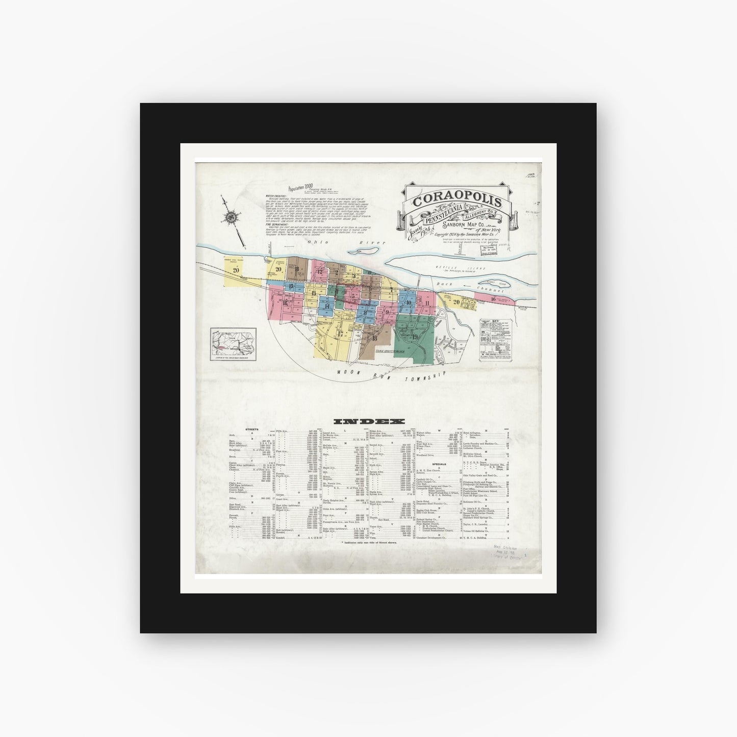 Old map wall art mockup — black gallery frame with white mat — Sanborn Fire Insurance Map from Coraopolis, Allegheny County, Pennsylvania (1924) - Complete Map Set