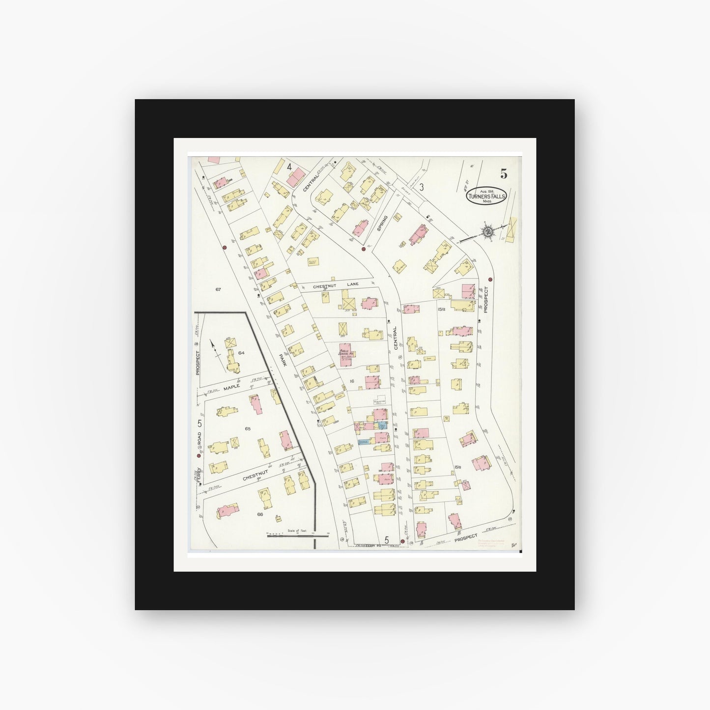 Old map wall art mockup — black gallery frame with white mat — Sanborn Fire Insurance Map from Turners Falls, Franklin County, Massachusetts (1914), Sheet #0005