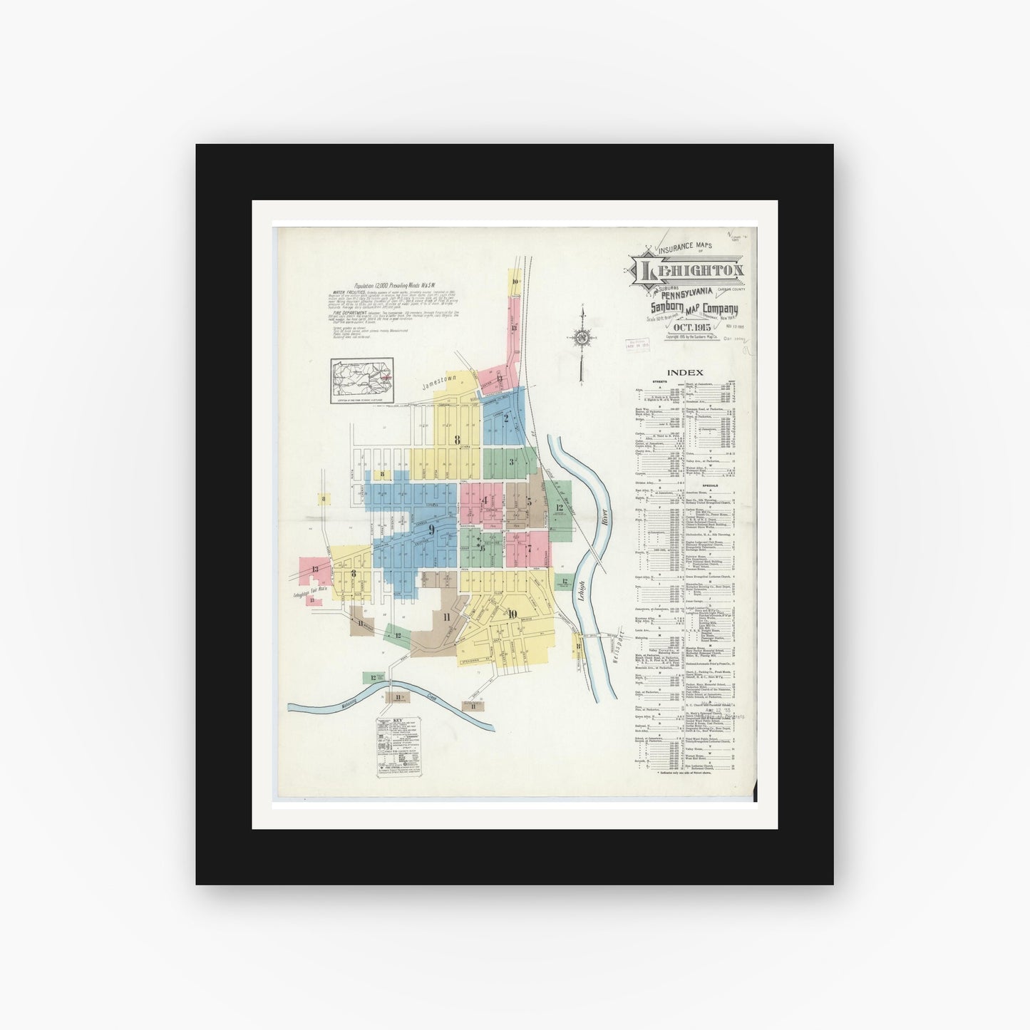 Old map wall art mockup — black gallery frame with white mat — Sanborn Fire Insurance Map from Lehighton, Carbon County, Pennsylvania (1915) - Complete Map Set