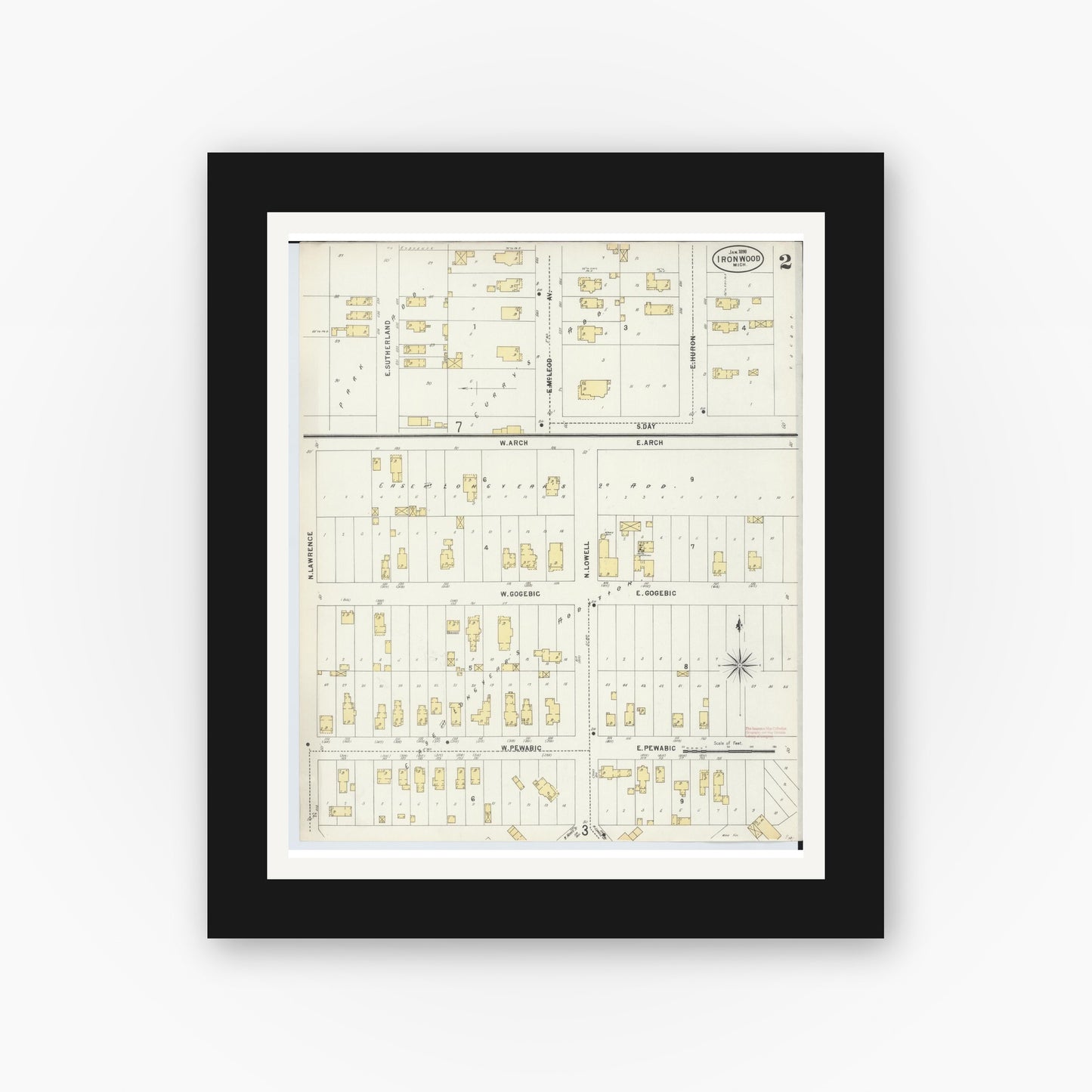 Old map wall art mockup — black gallery frame with white mat — Sanborn Fire Insurance Map from Ironwood, Gogebic County, Michigan (1898), Sheet #0002