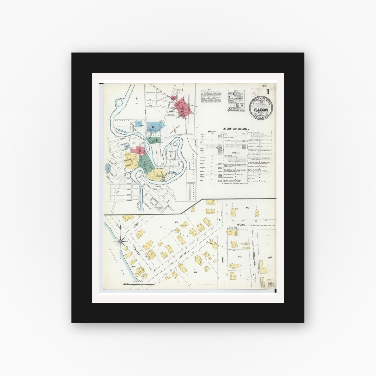 Old map wall art mockup — black gallery frame with white mat — Sanborn Fire Insurance Map from Allegan, Allegan County, Michigan (1906) - Complete Map Set