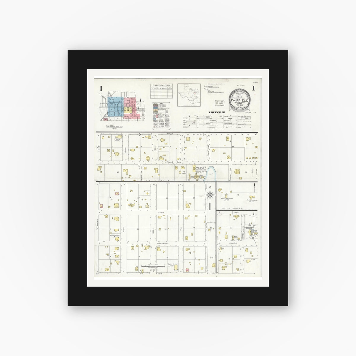Old map wall art mockup — black gallery frame with white mat — Sanborn Fire Insurance Map from Fairfield, Freestone County, Texas (1934) - Complete Map Set