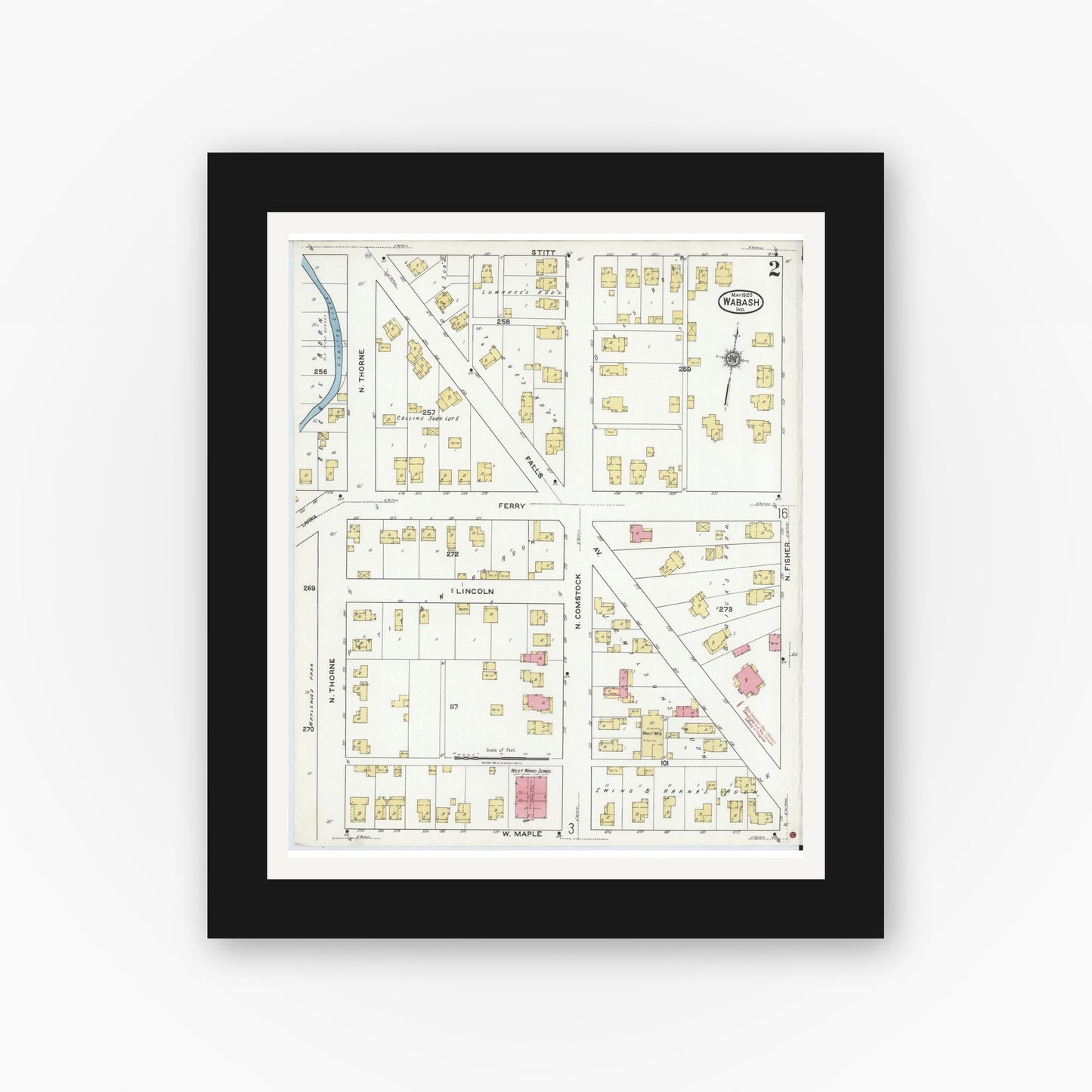 Old map wall art mockup — black gallery frame with white mat — Sanborn Fire Insurance Map from Wabash, Wabash County, Indiana (1920), Sheet #0002