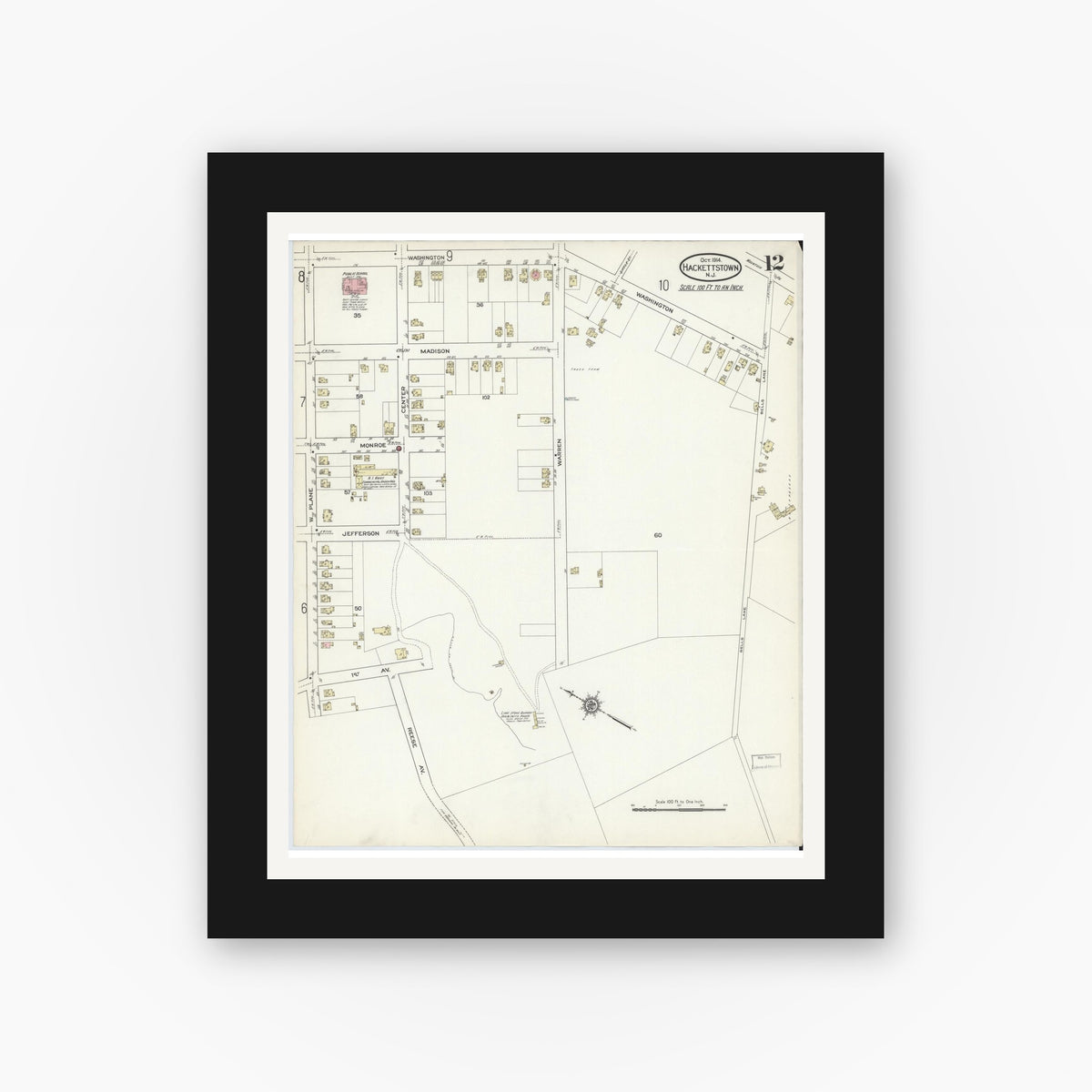 Old map wall art mockup — black gallery frame with white mat — Sanborn Fire Insurance Map from Hackettstown, Warren County, New Jersey (1914), Sheet #0012