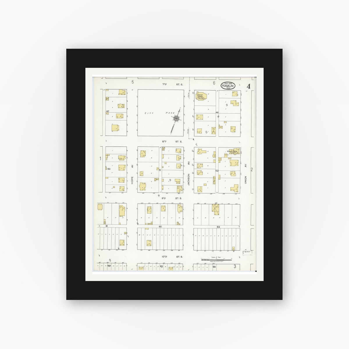 Old map wall art mockup — black gallery frame with white mat — Sanborn Fire Insurance Map from Hamlin, Jones County, Texas (1919), Sheet #0004