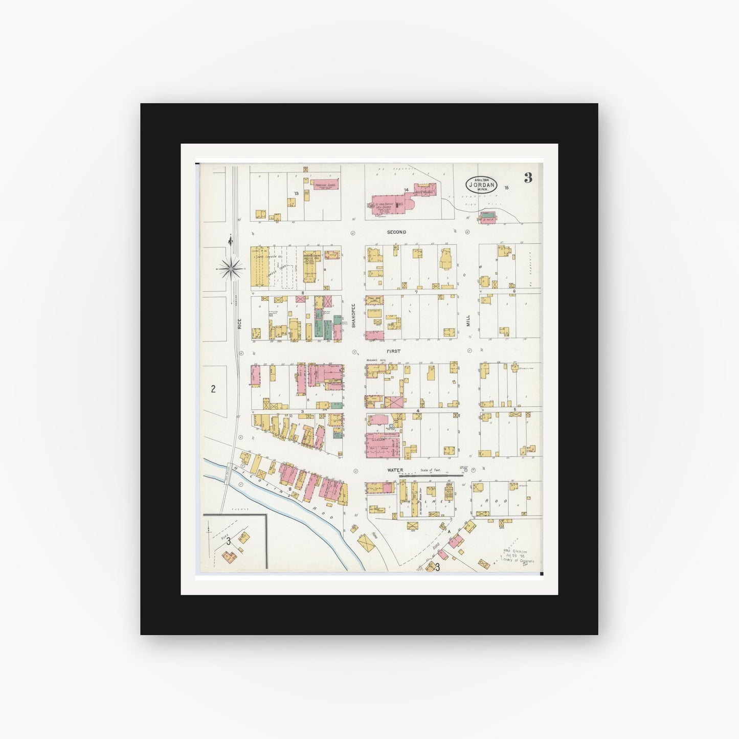 Old map wall art mockup — black gallery frame with white mat — Sanborn Fire Insurance Map from Jordan, Scott County, Minnesota (1904), Sheet #0003