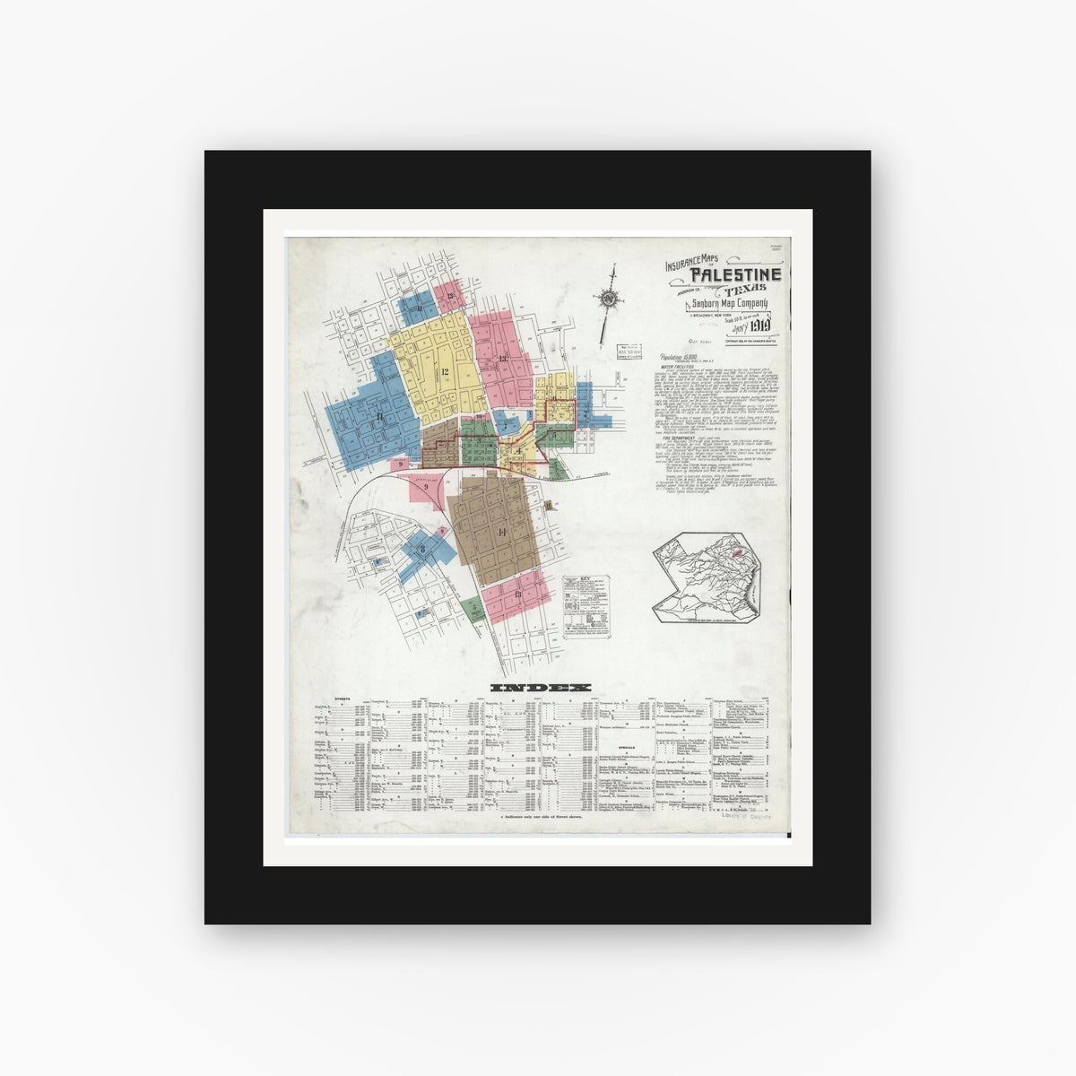 Old map wall art mockup — black gallery frame with white mat — Sanborn Fire Insurance Map from Palestine, Anderson County, Texas (1919), Sheet #0001
