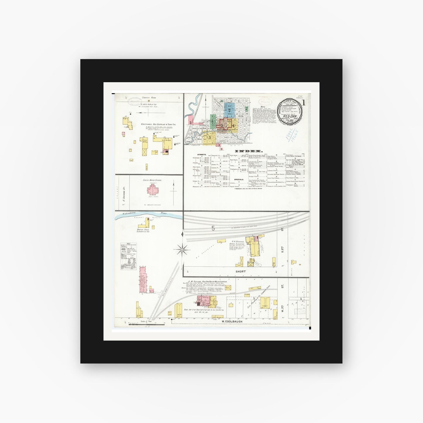 Old map wall art mockup — black gallery frame with white mat — Sanborn Fire Insurance Map from Red Oak, Montgomery County, Iowa (1899), Sheet #0001