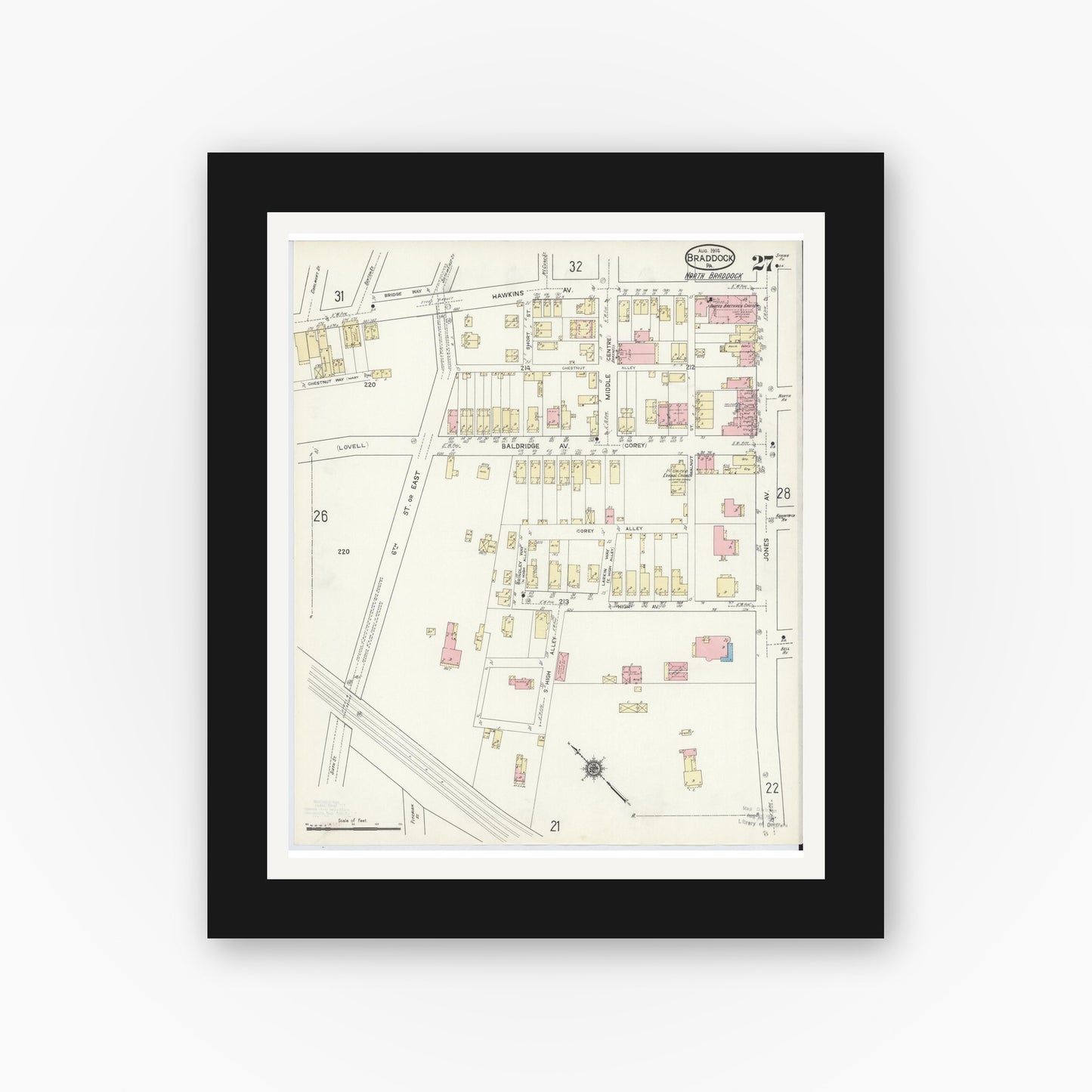 Old map wall art mockup — black gallery frame with white mat — Sanborn Fire Insurance Map from Braddock, Allegheny County, Pennsylvania (1914), Sheet #0027