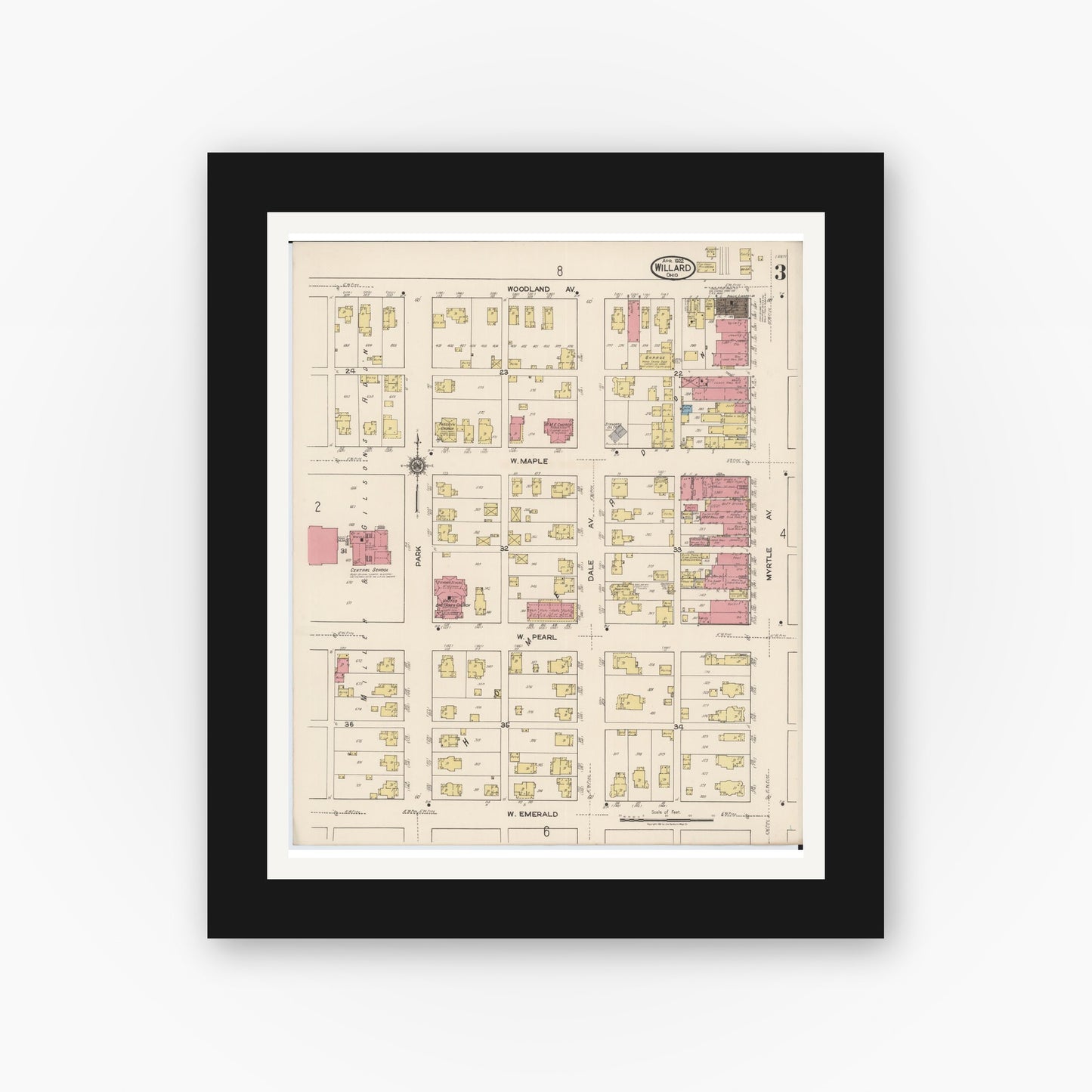 Old map wall art mockup — black gallery frame with white mat — Sanborn Fire Insurance Map from Willard, Huron County, Ohio (1922), Sheet #0003