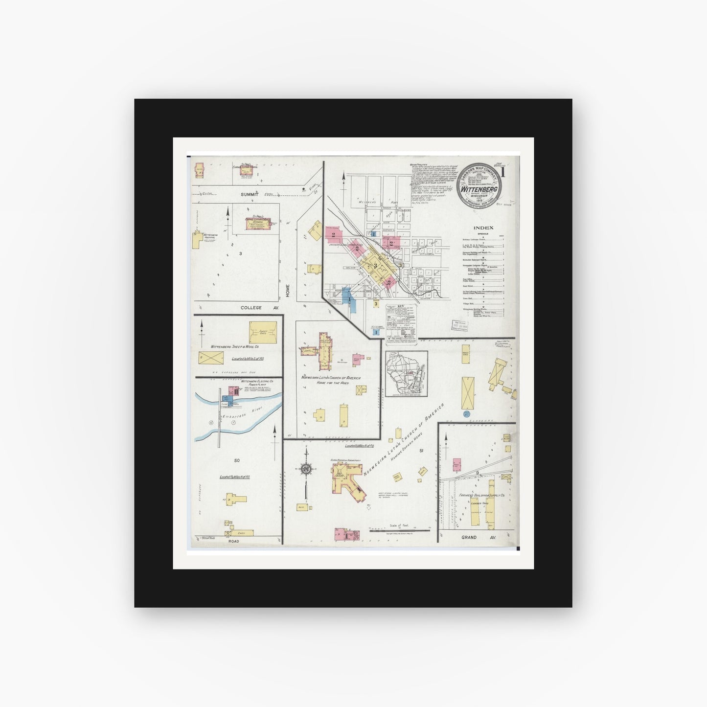 Old map wall art mockup — black gallery frame with white mat — Sanborn Fire Insurance Map from Wittenberg, Shawano County, Wisconsin (1919) - Complete Map Set