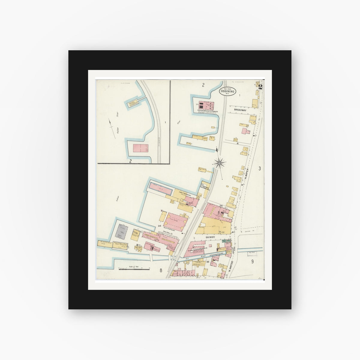 Old map wall art mockup — black gallery frame with white mat — Sanborn Fire Insurance Map from Ossining, Westchester County, New York (1903), Sheet #0002