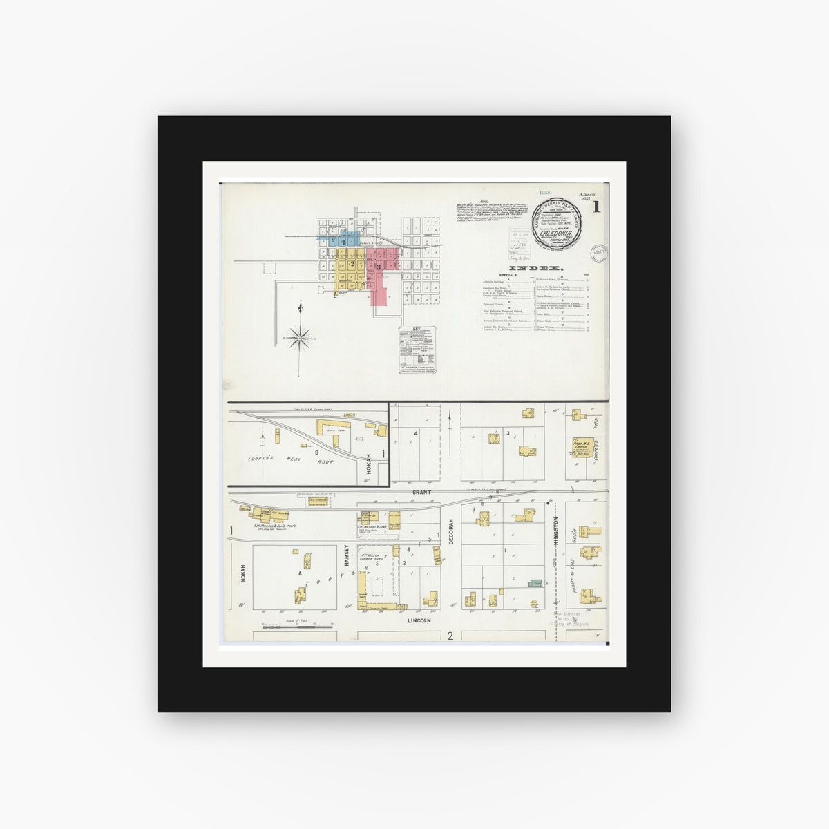 Old map wall art mockup — black gallery frame with white mat — Sanborn Fire Insurance Map from Caledonia, Houston County, Minnesota (1900) - Complete Map Set