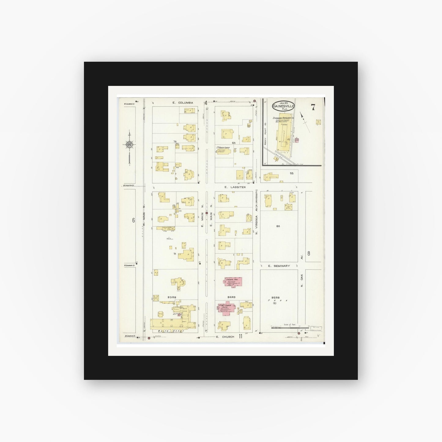 Old map wall art mockup — black gallery frame with white mat — Sanborn Fire Insurance Map from Gainesville, Alachua County, Florida (1913), Sheet #0007