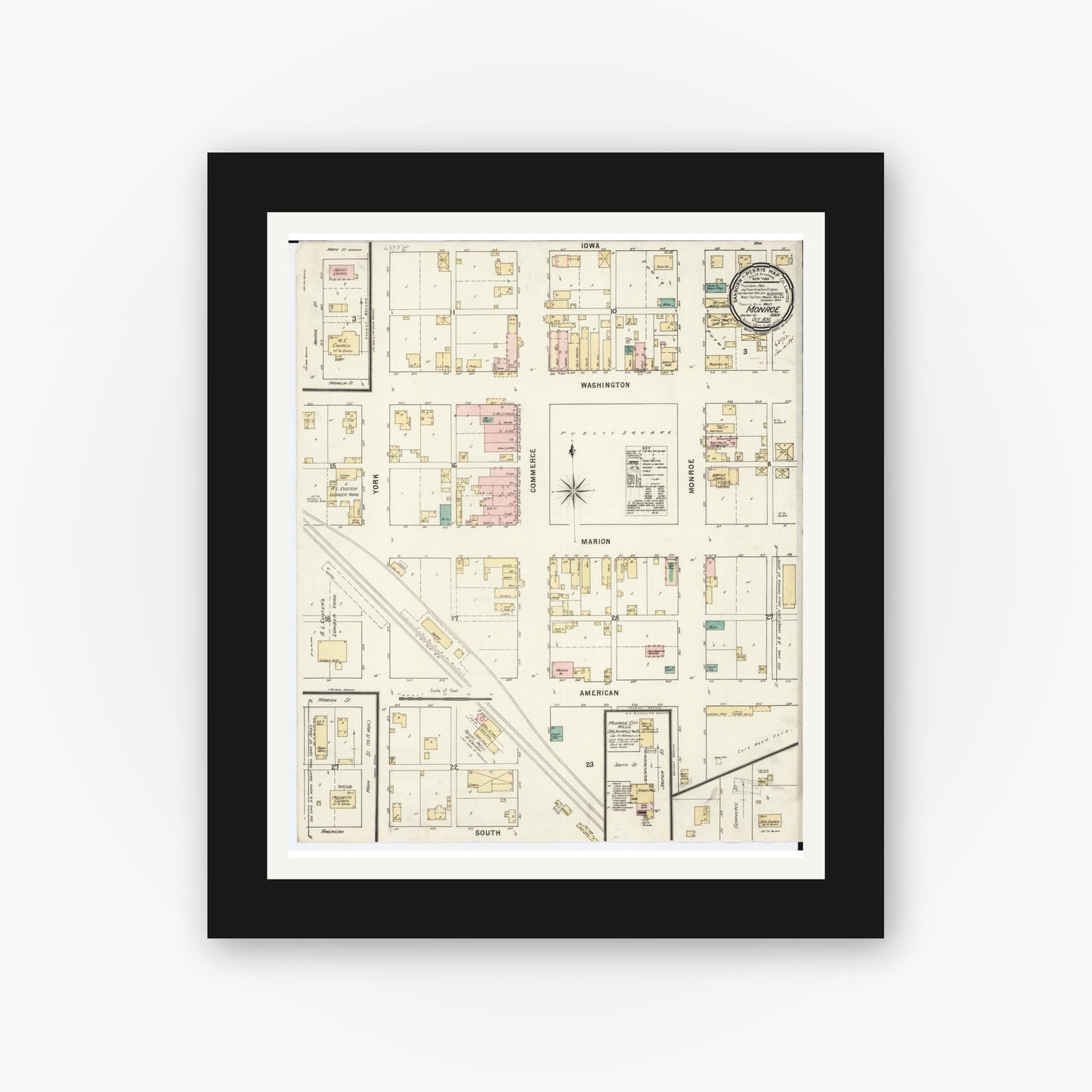 Old map wall art mockup — black gallery frame with white mat — Sanborn Fire Insurance Map from Monroe, Jasper County, Iowa (1895), Sheet #0001