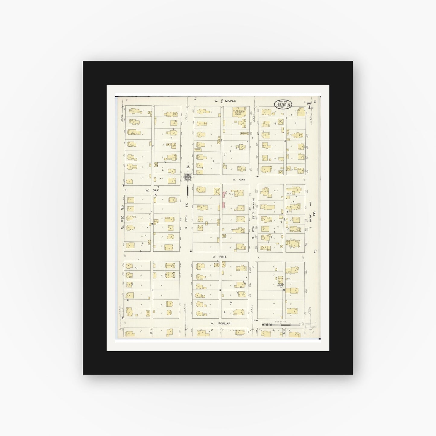 Old map wall art mockup — black gallery frame with white mat — Sanborn Fire Insurance Map from Herrin, Williamson County, Illinois (1913), Sheet #0007
