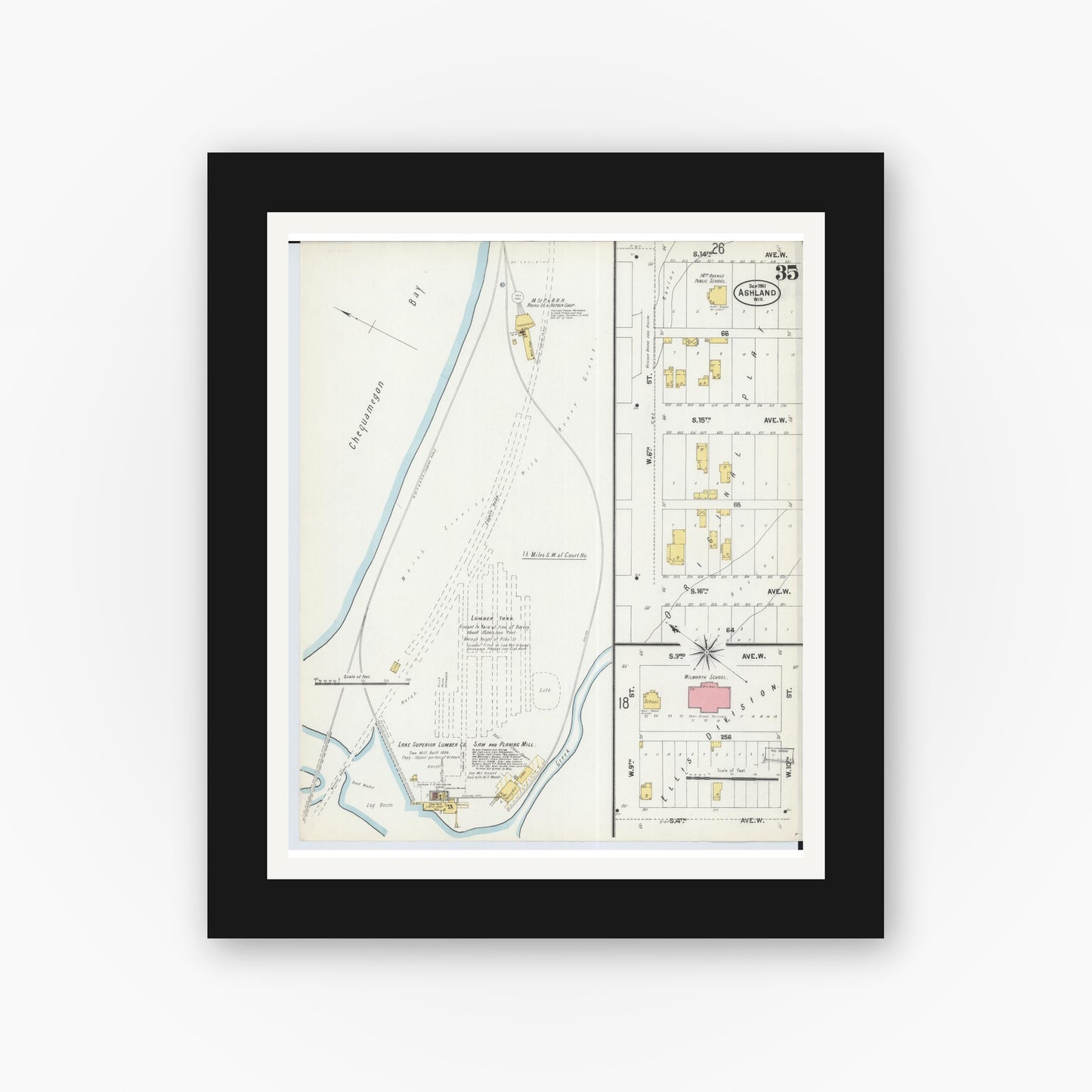 Old map wall art mockup — black gallery frame with white mat — Sanborn Fire Insurance Map from Ashland, Ashland County, Wisconsin (1901), Sheet #0035